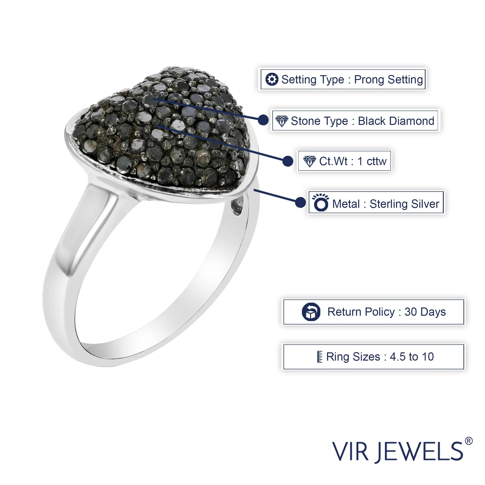 1 cttw Black Diamond Heart Statement Ring in Sterling Silver