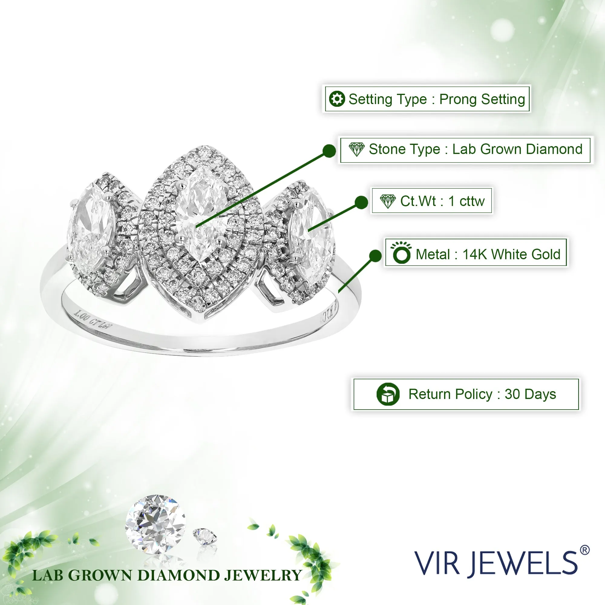 1 cttw Lab Grown 3 Marquise Diamond Engagement Rings 14K White Gold
