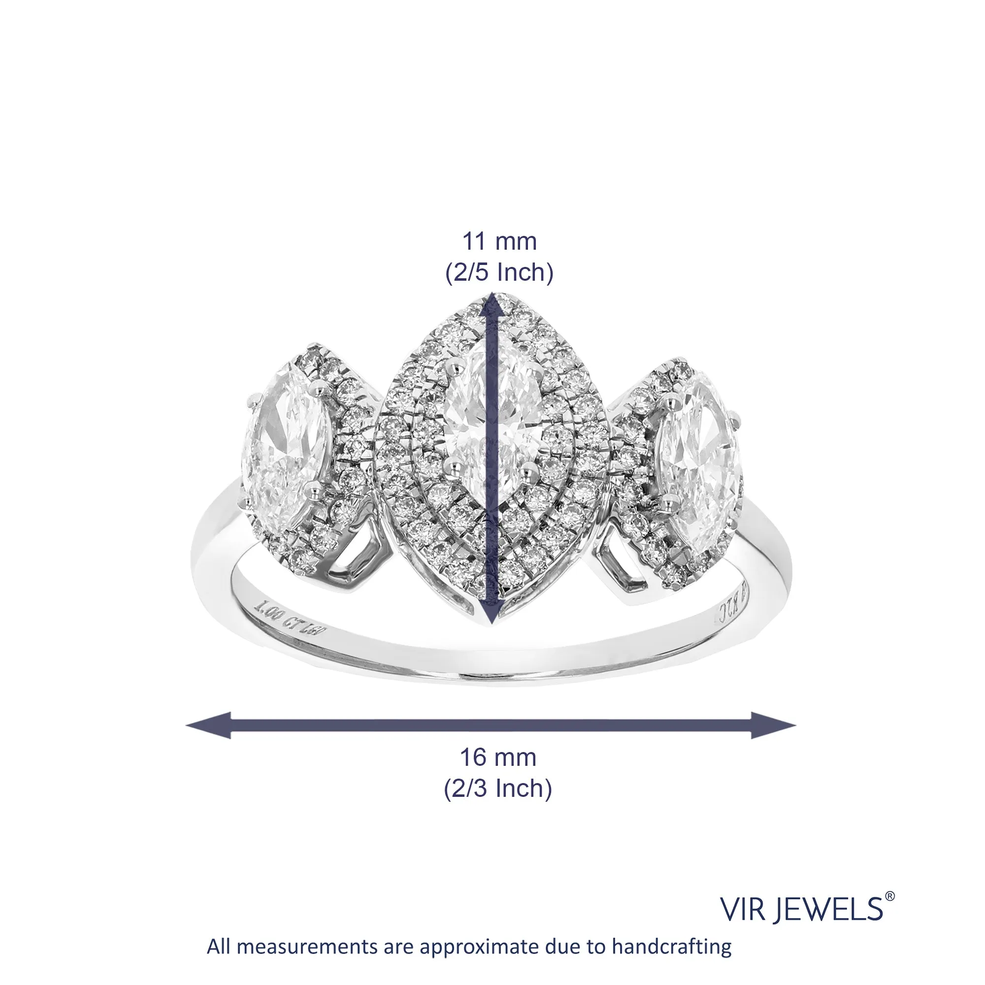 1 cttw Lab Grown 3 Marquise Diamond Engagement Rings 14K White Gold