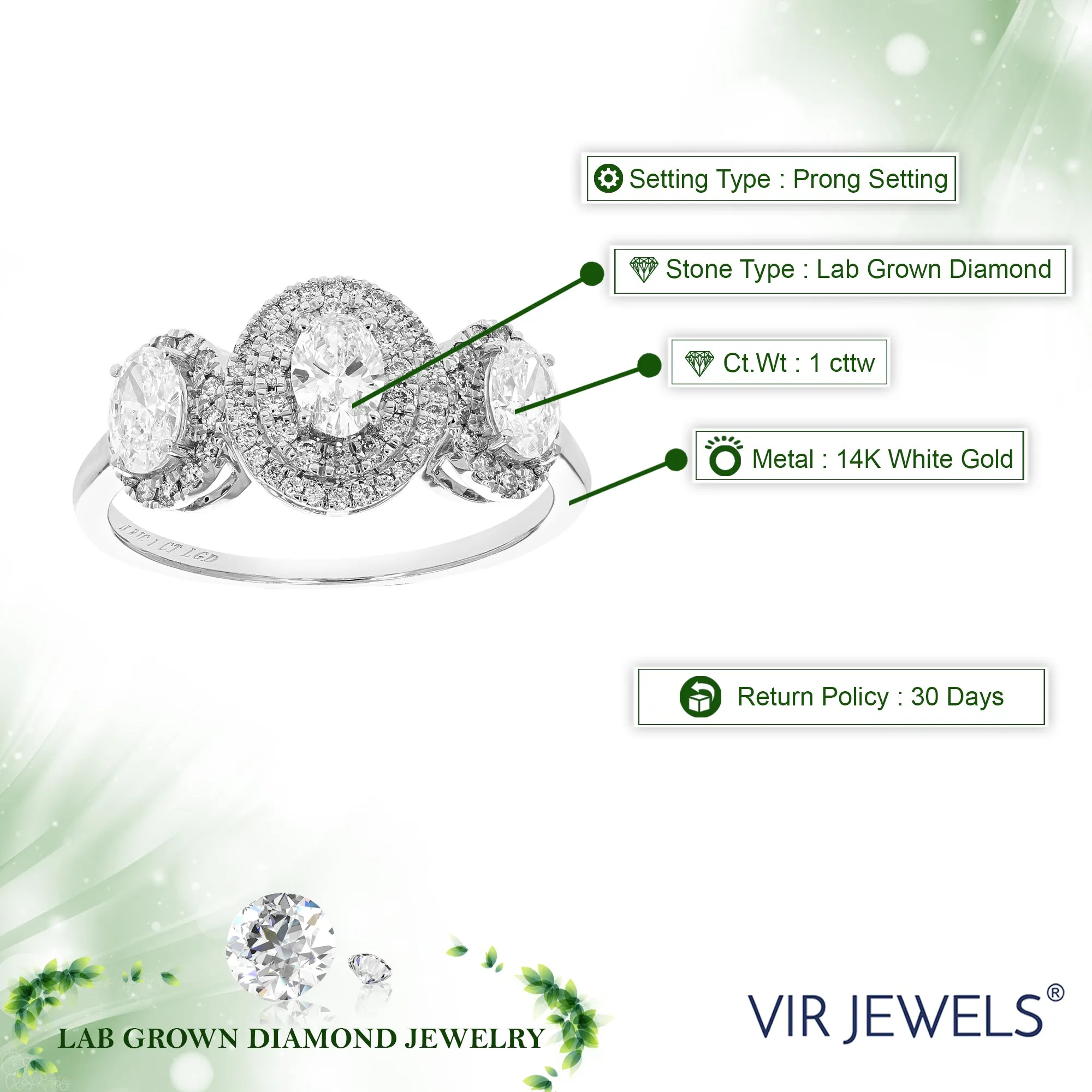 1 cttw Lab Grown Oval 3 Diamond Engagement Rings 14K White Gold