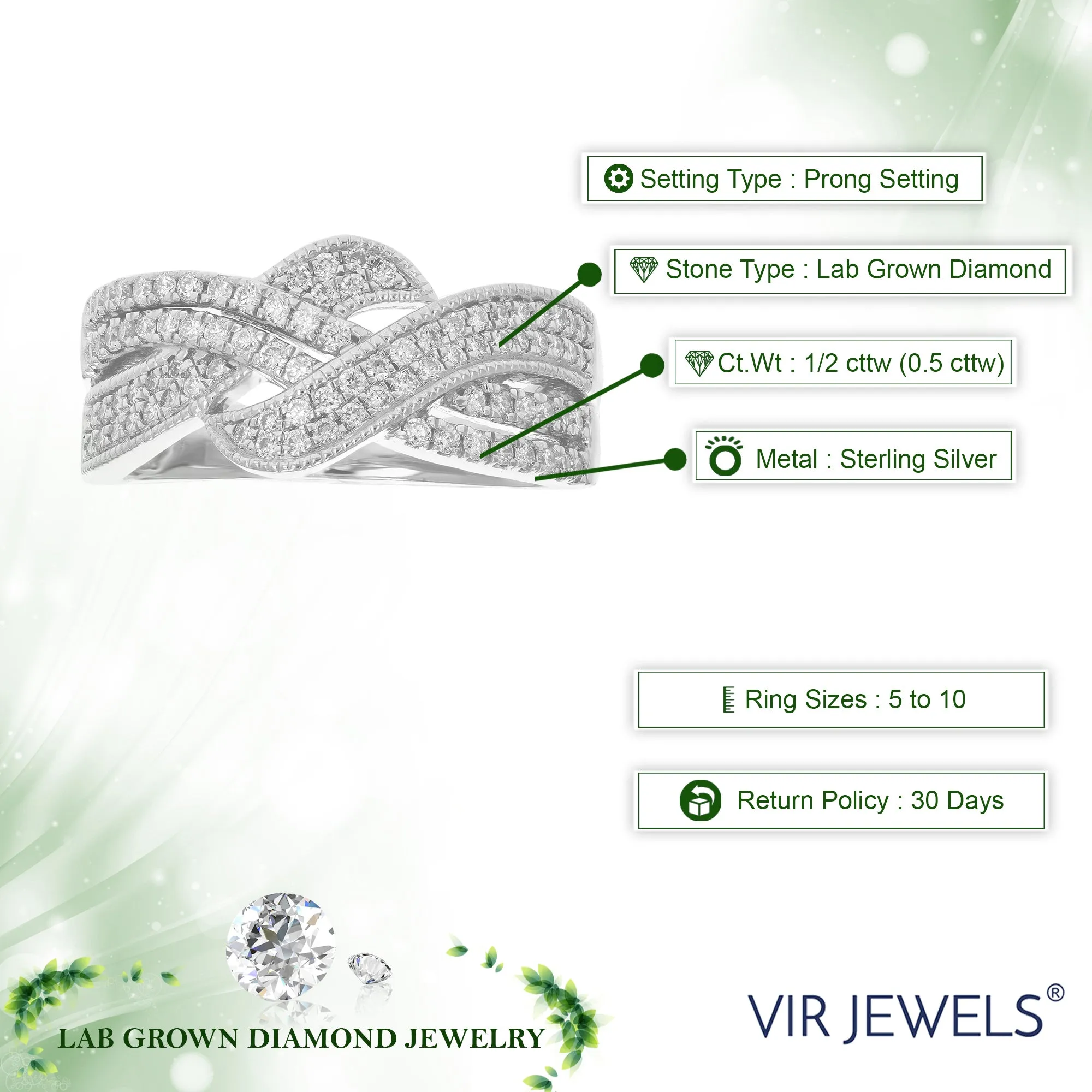 1/2 cttw Lab Grown Diamond Cross Over Wedding Band in Silver