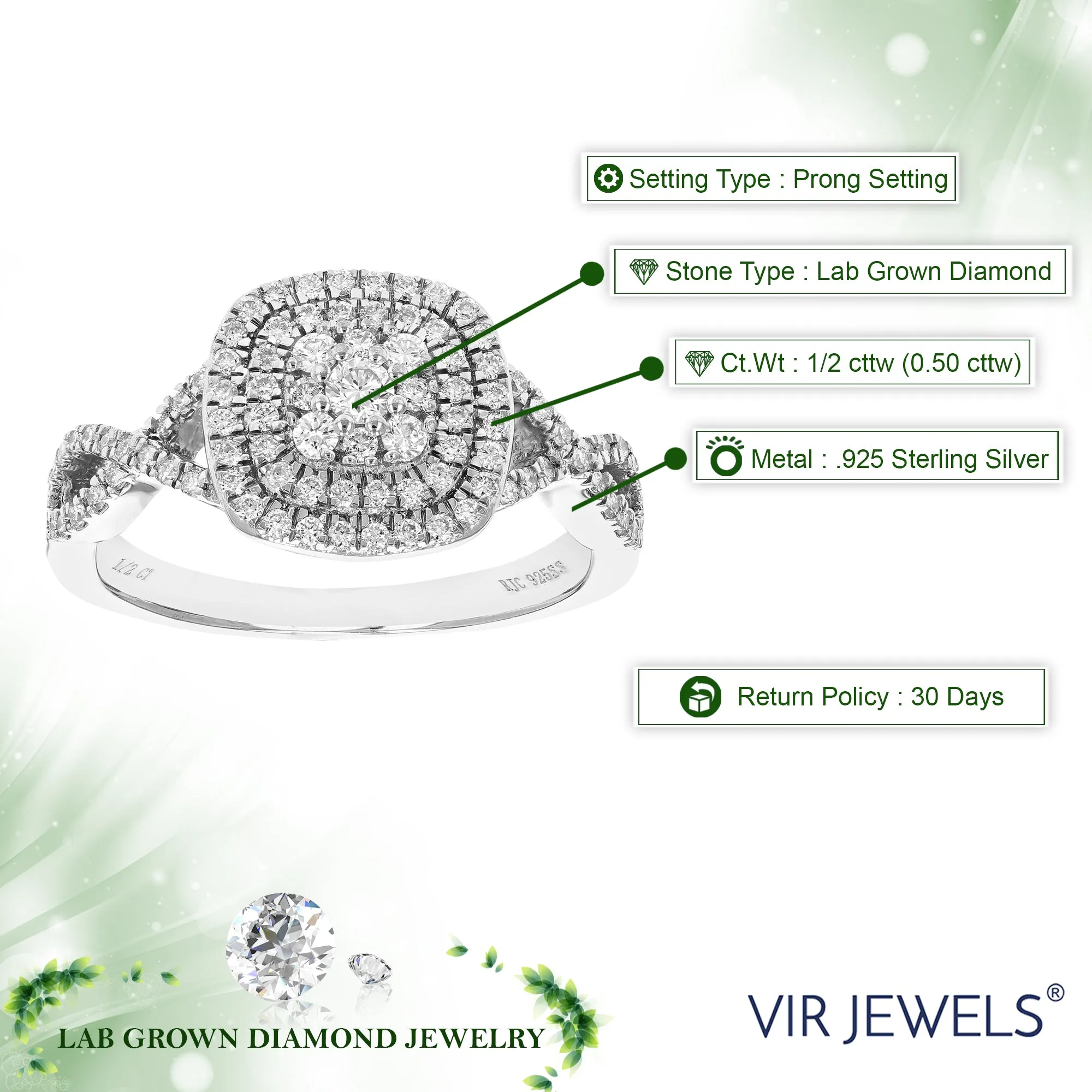 1/2 cttw Lab Grown Diamond Engagement Cushion Ring Sterling Silver
