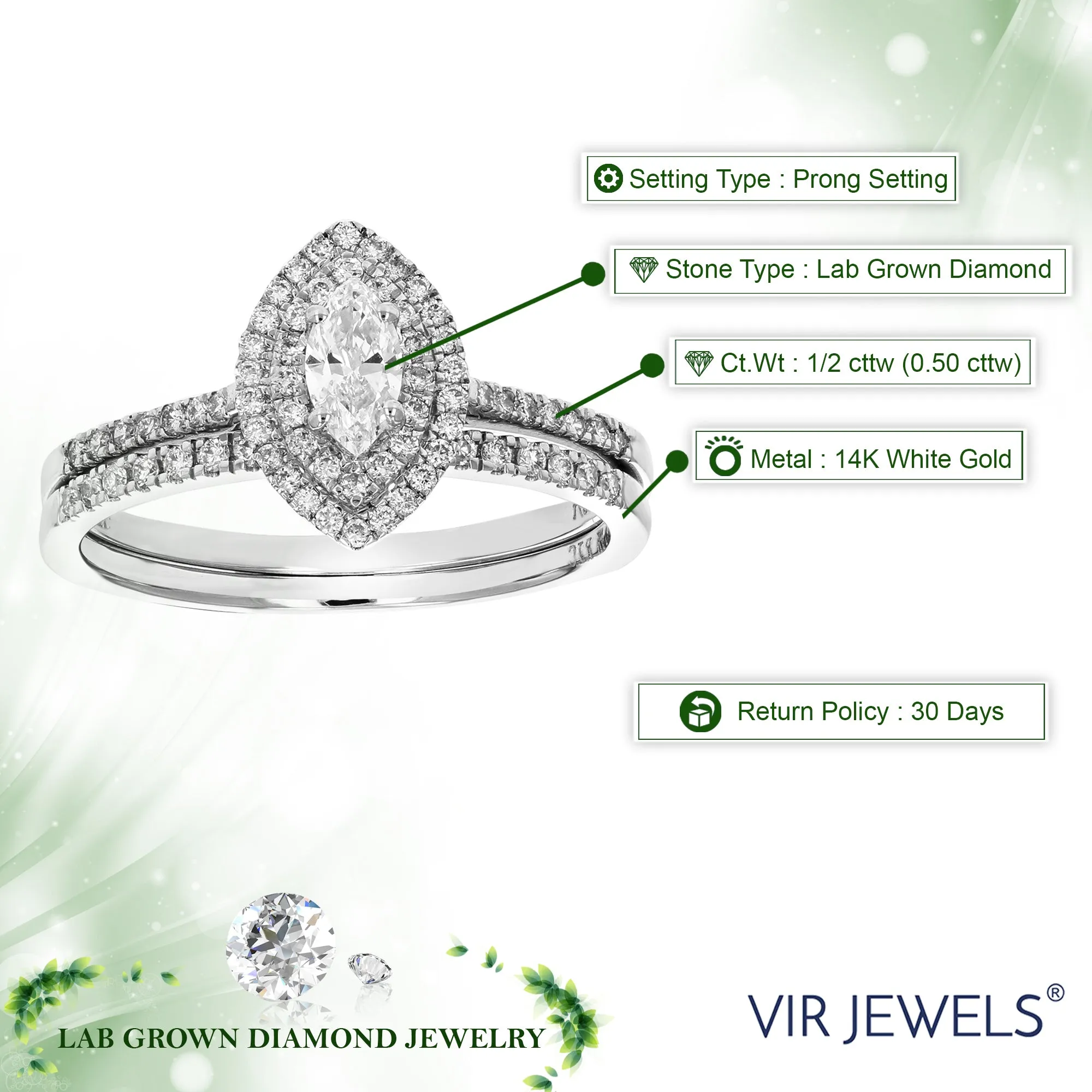1/2 cttw Lab Grown Diamond Marquise Bridal Set in 14K White Gold