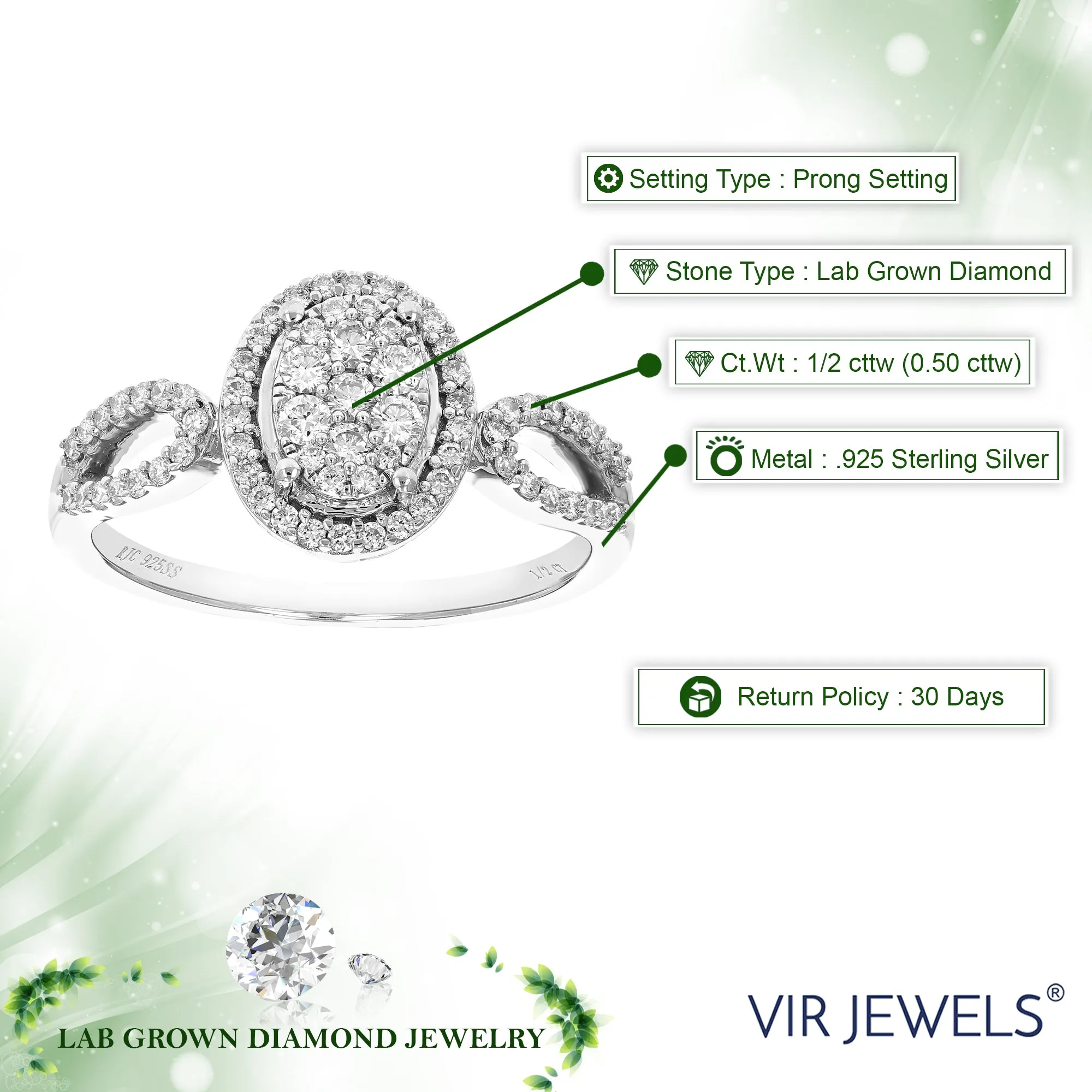 1/2 cttw Lab Grown Diamond Oval Engagement Rings Sterling Silver