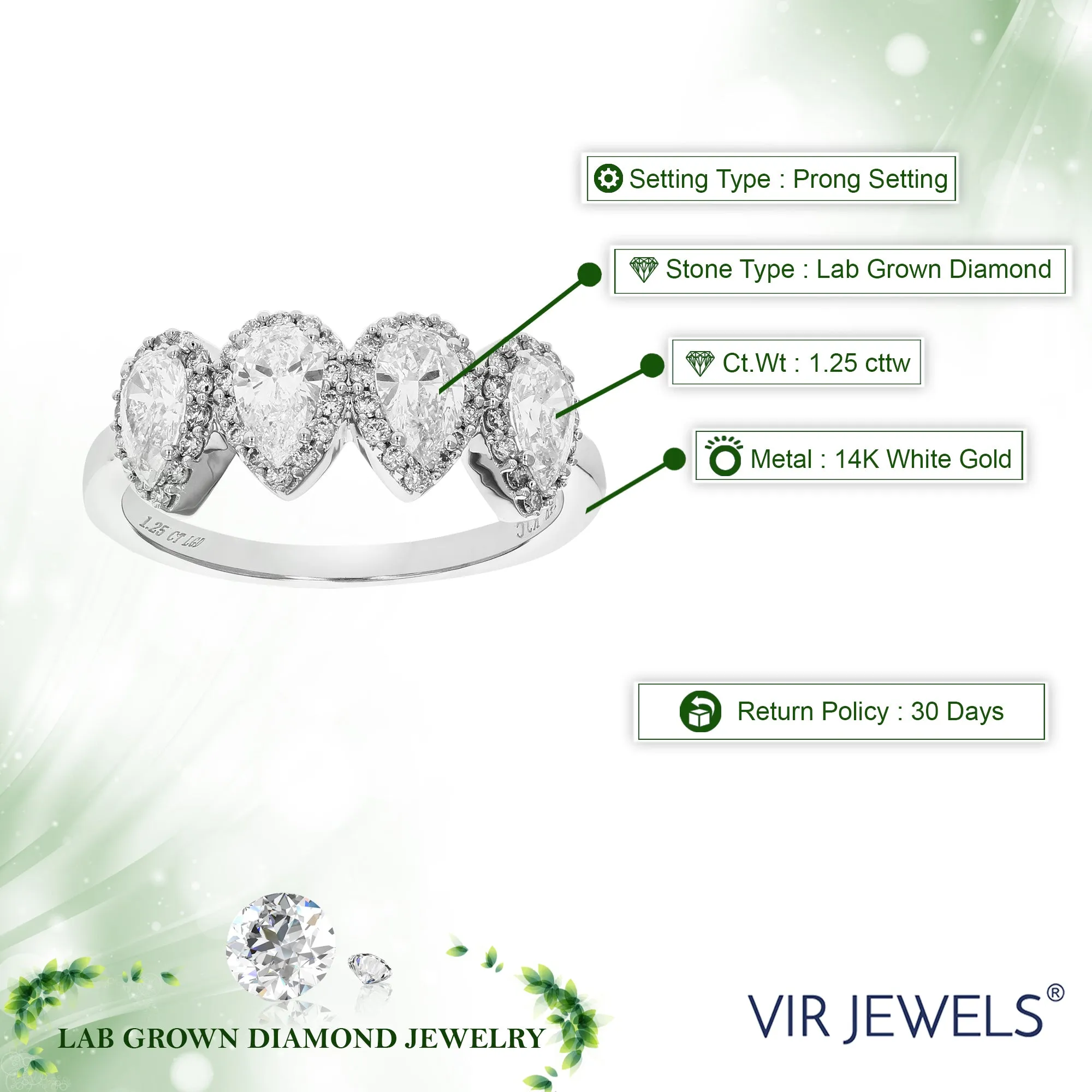 1.25 cttw Four Pear Diamond Engagement Ring in 14K White Gold