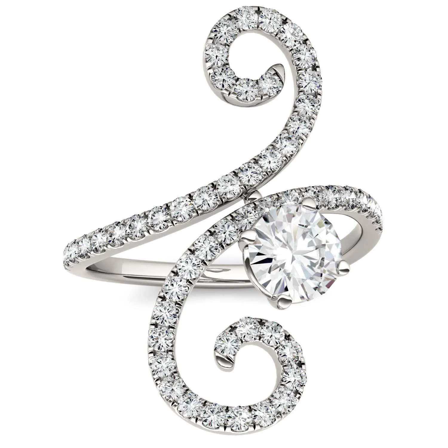 1.34 CTW DEW Round Moissanite Swirl Statement Ring in 14K White Gold