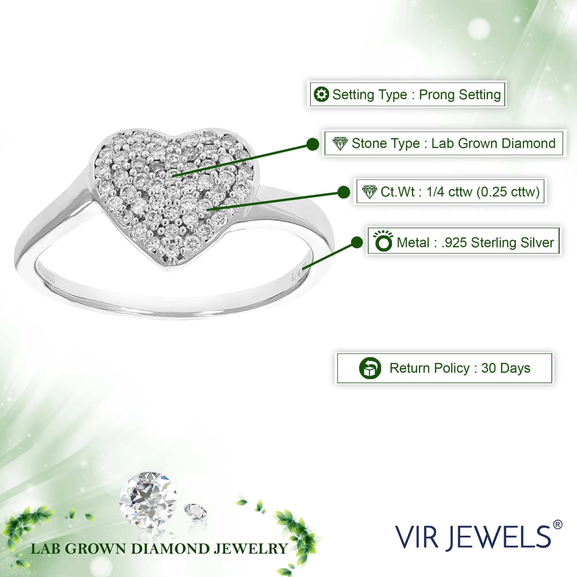 1/4 cttw Lab Grown Diamond Heart Engagement Rings Sterling Silver