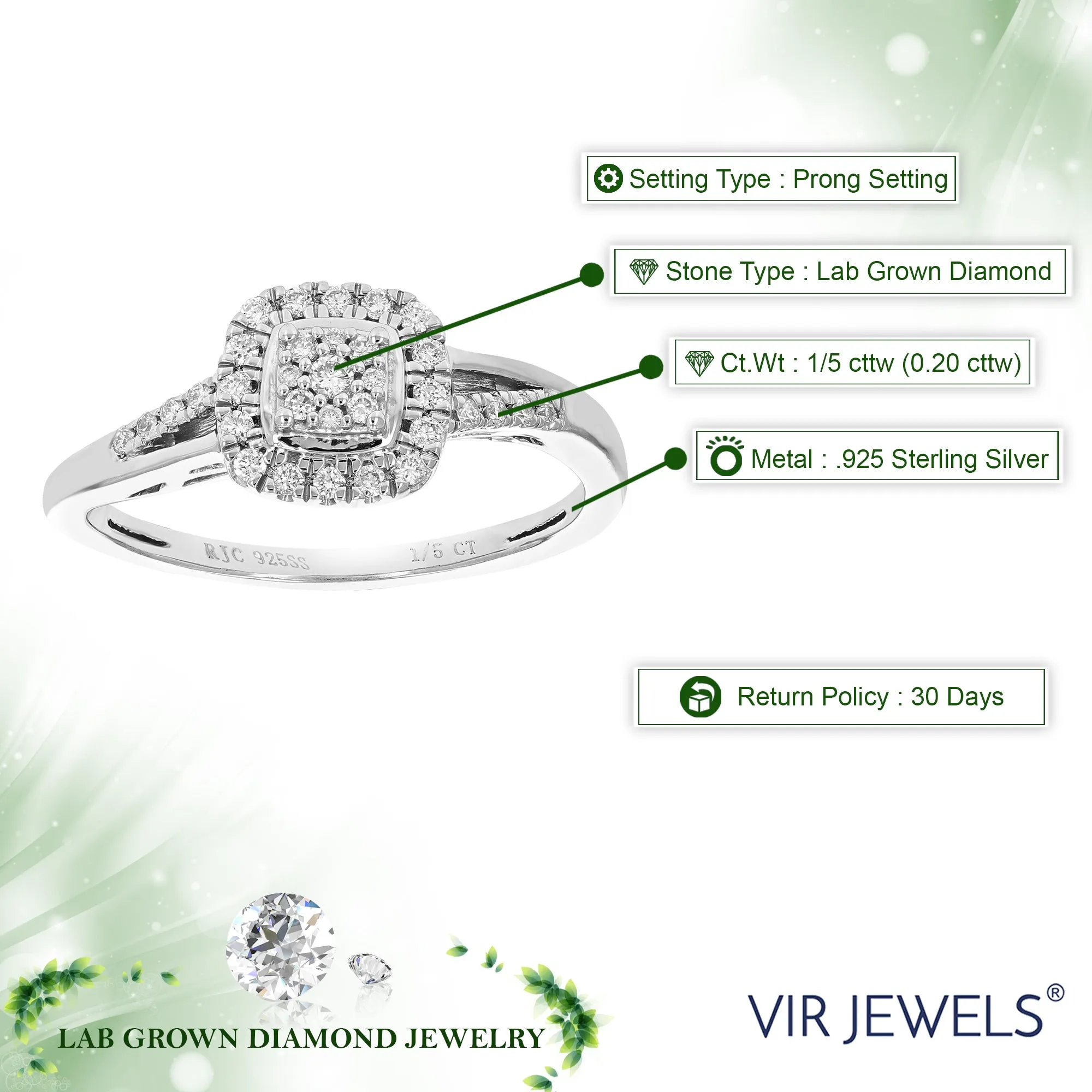 1/5 cttw Lab Grown Diamond Cushion Halo Engagement Ring Silver