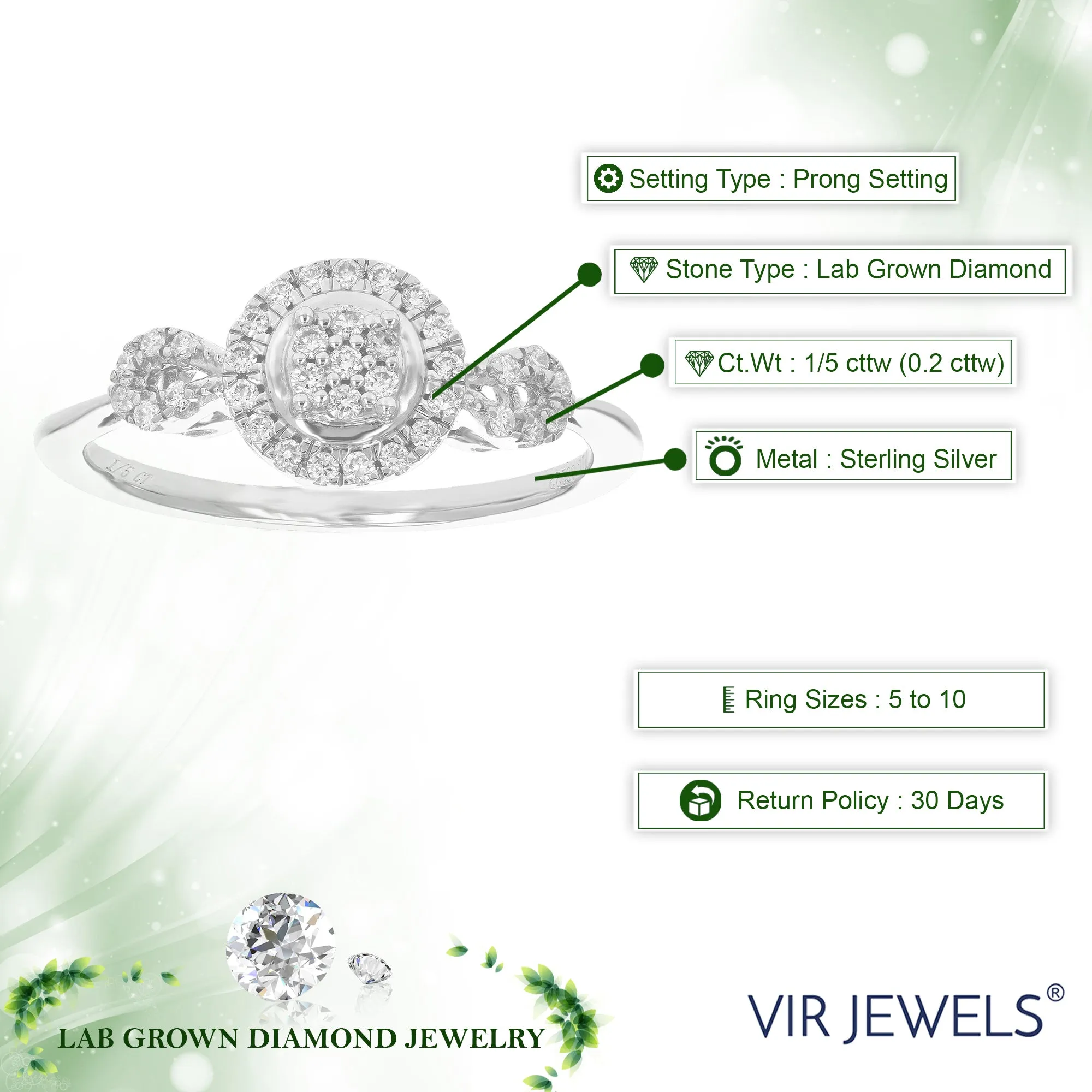 1/5 cttw Lab Grown Diamond Engagement Cluster Ring Sterling Silver