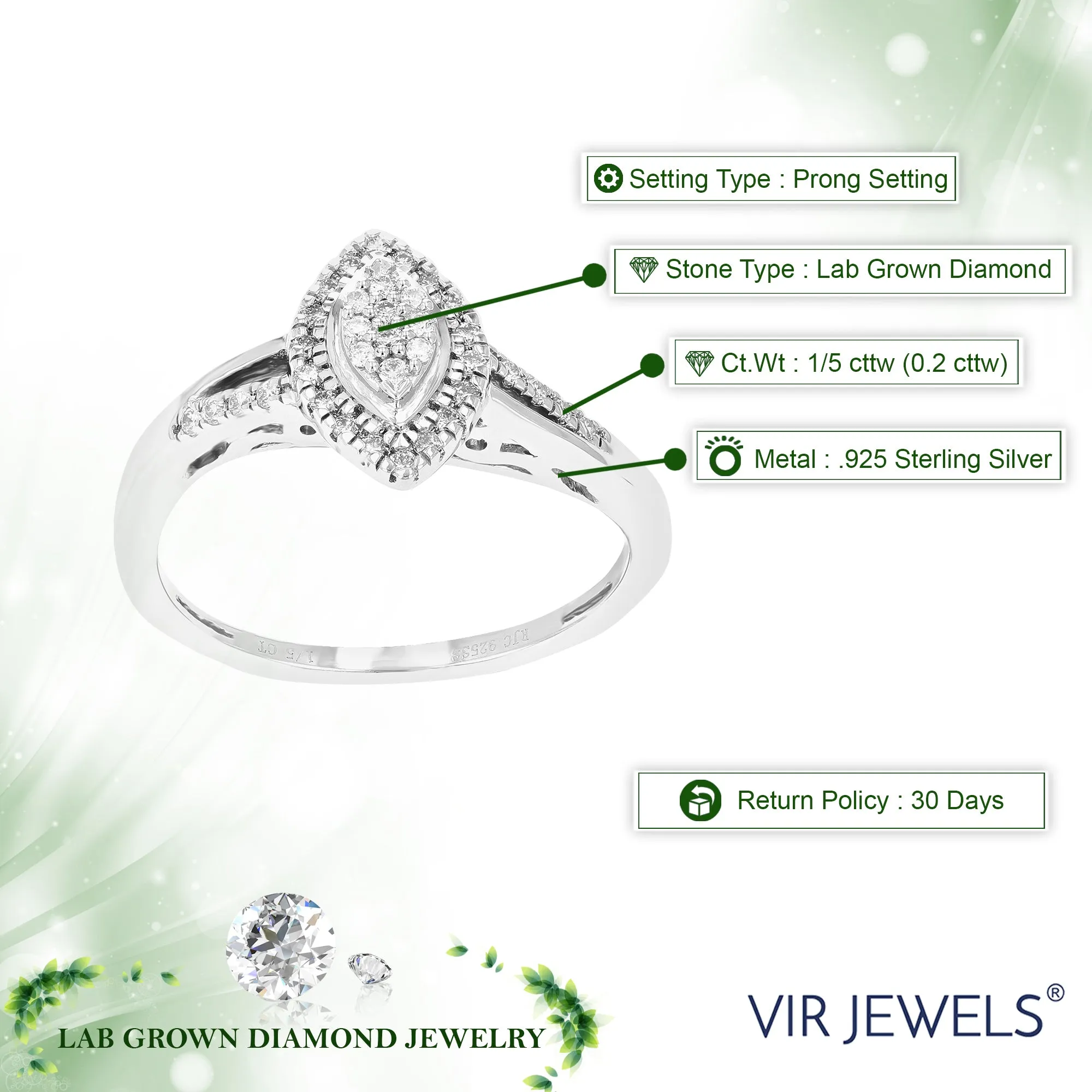 1/5 cttw Lab Grown Diamond Marquise Engagement Ring in Silver
