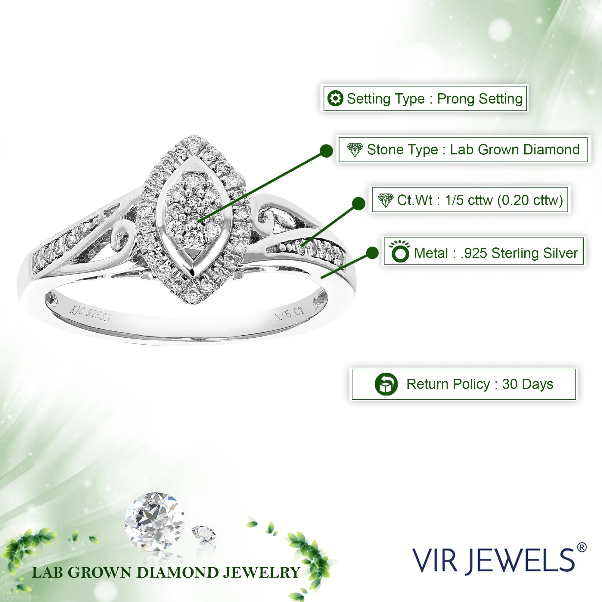 1/5 cttw Lab Grown Diamond Marquise Halo Engagement Ring Silver
