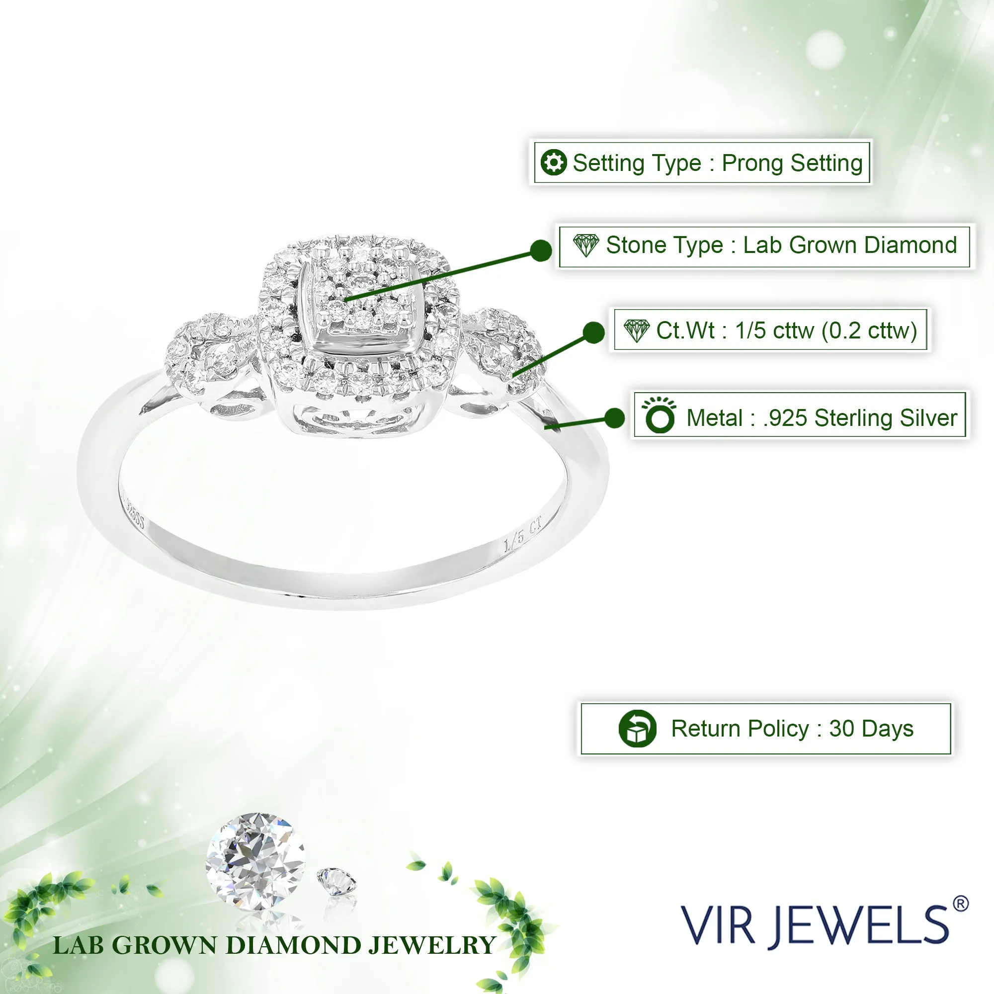 1/5 cttw Lab Grown Three Diamond Engagement Rings Sterling Silver