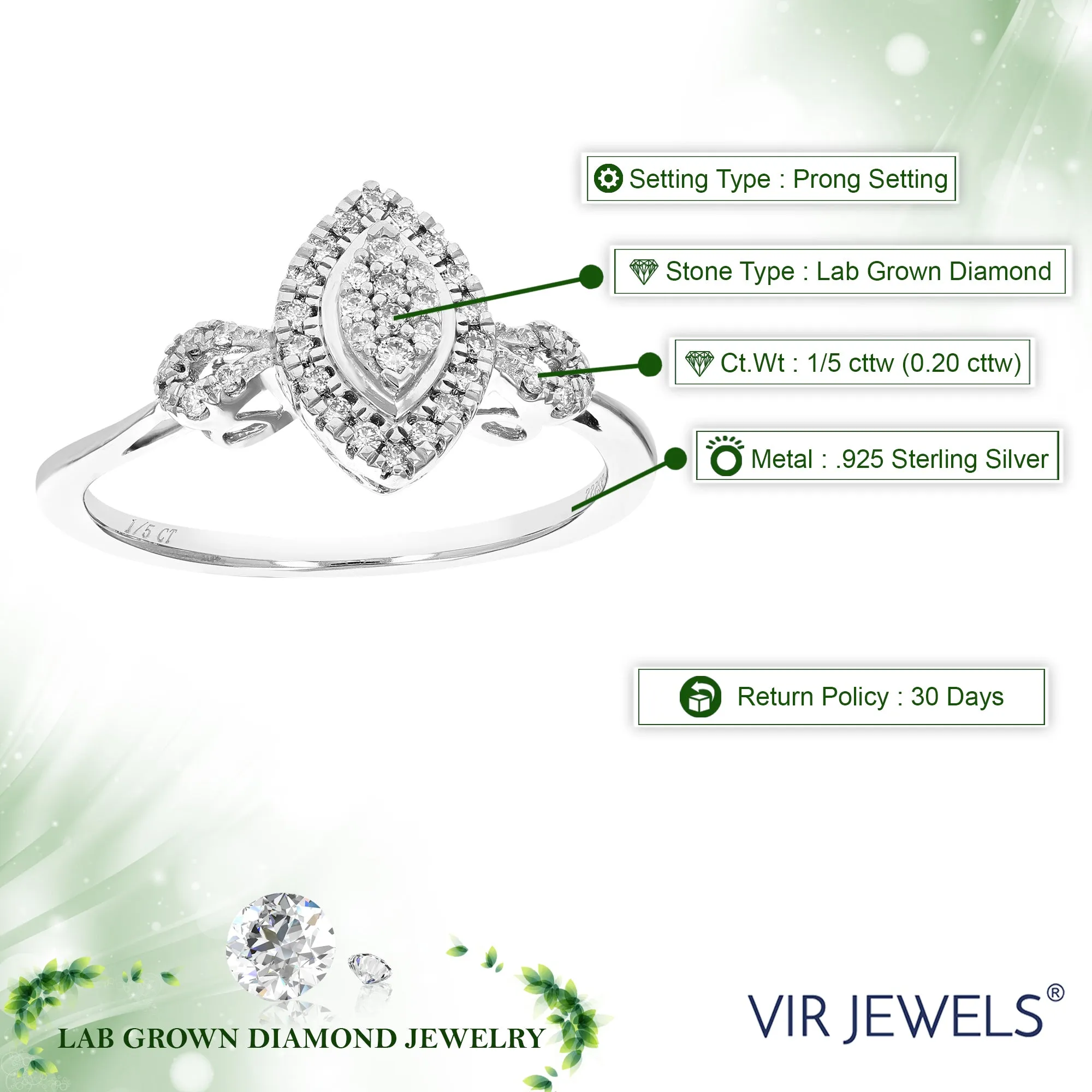 1/5 cttw Lab Grown Three Diamond Marquise Engagement Rings Silver