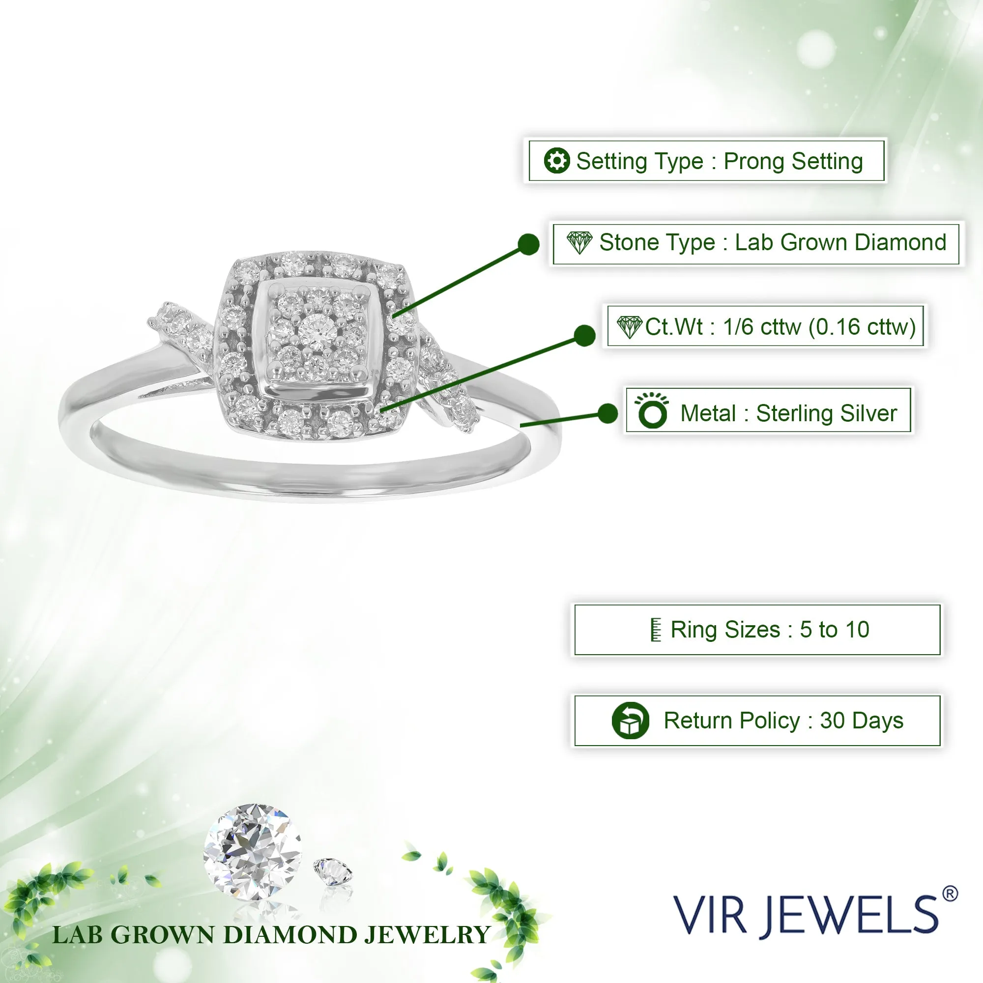 1/6 cttw Lab Grown Diamond Engagement Cushion Ring Sterling Silver