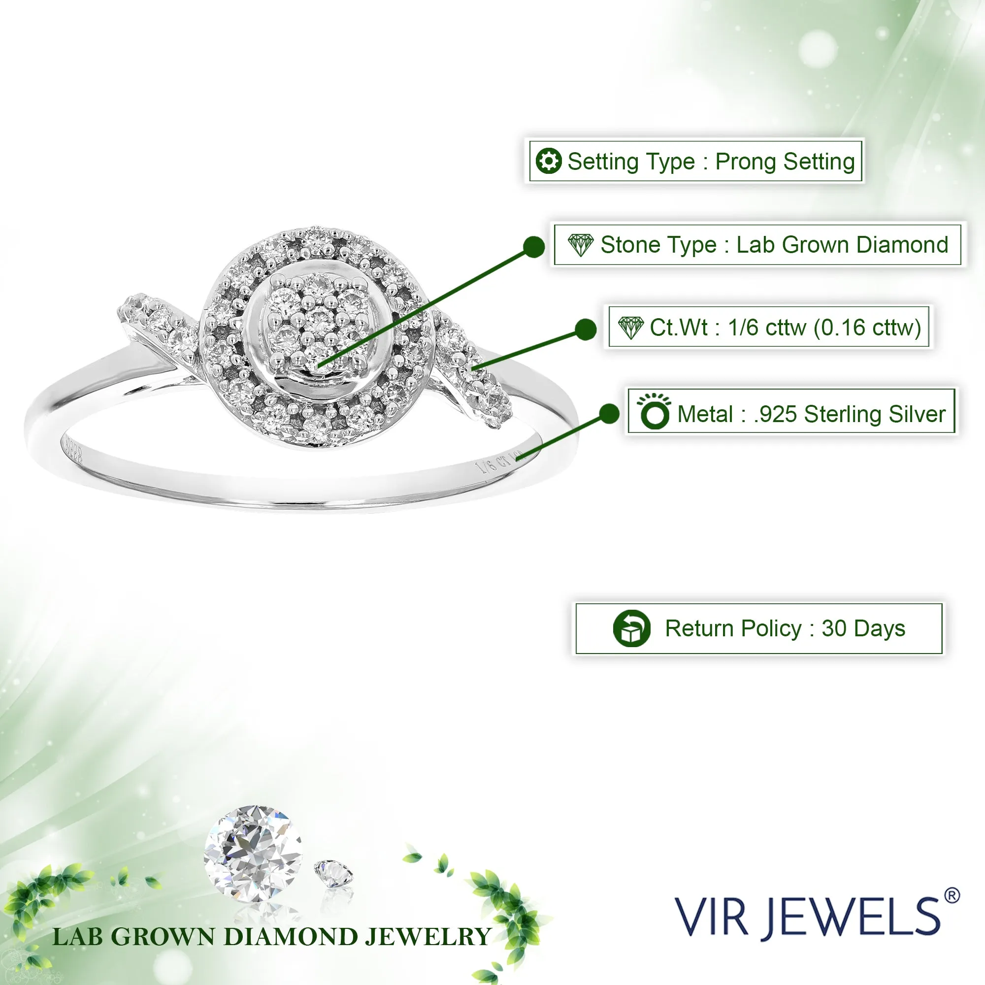 1/6 cttw Lab Grown Diamond Engagement Round Ring Sterling Silver