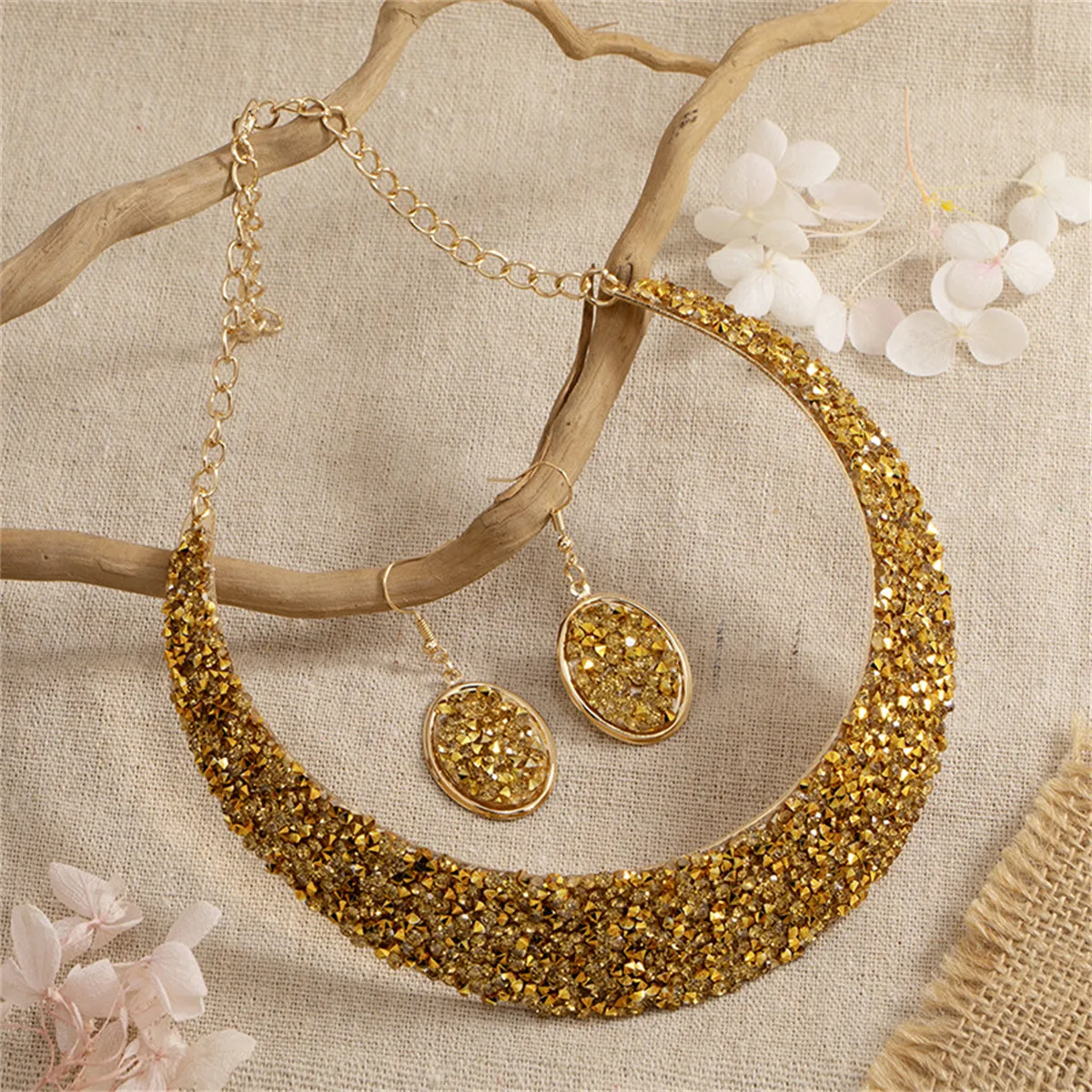 18K Gold-Plated Cluster Statement Necklace & Drop Earrings