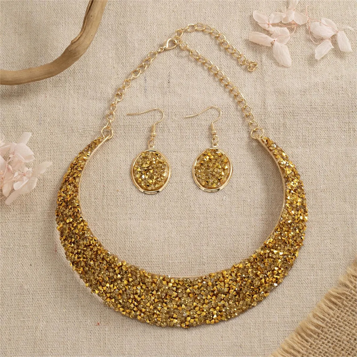 18K Gold-Plated Cluster Statement Necklace & Drop Earrings