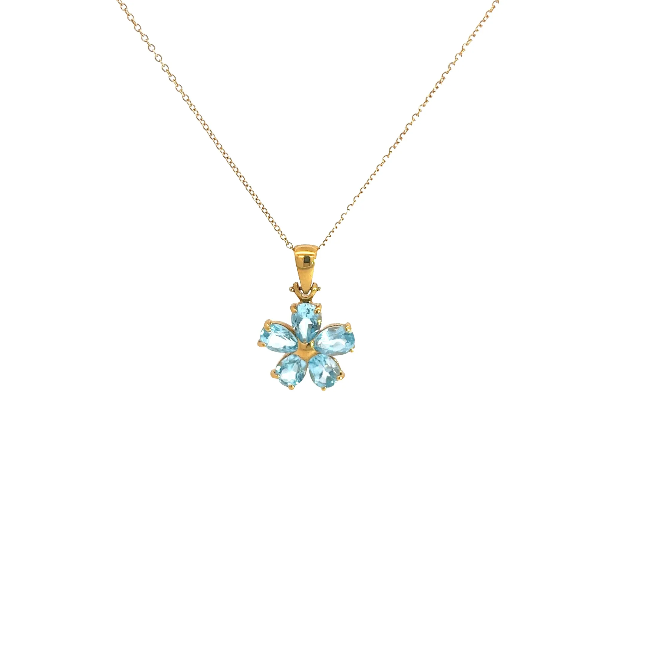 18k Yellow Gold Pear Shape Blue Topaz Flower Necklace