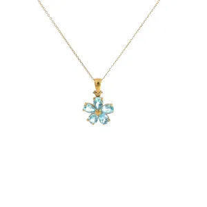 18k Yellow Gold Pear Shape Blue Topaz Flower Necklace
