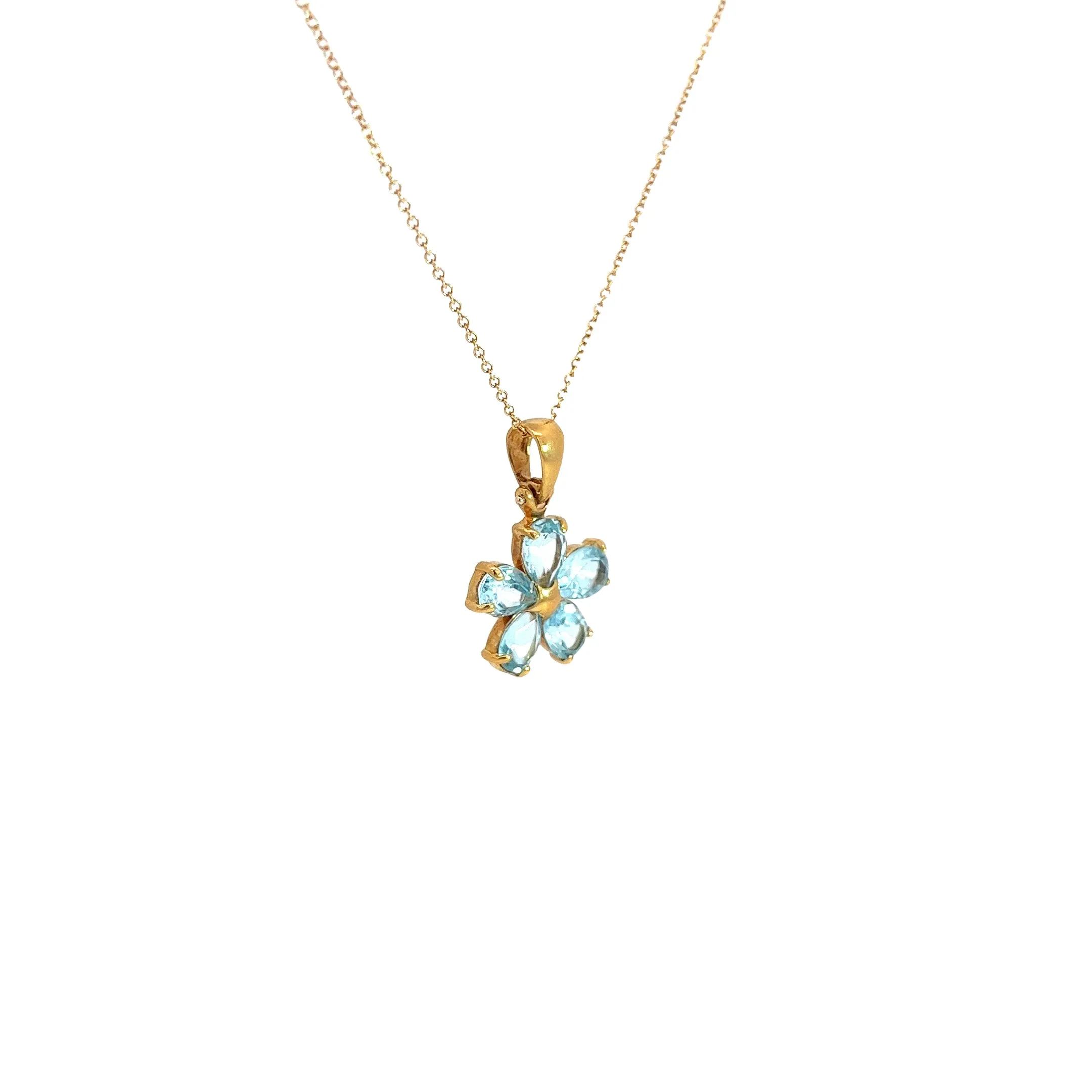 18k Yellow Gold Pear Shape Blue Topaz Flower Necklace