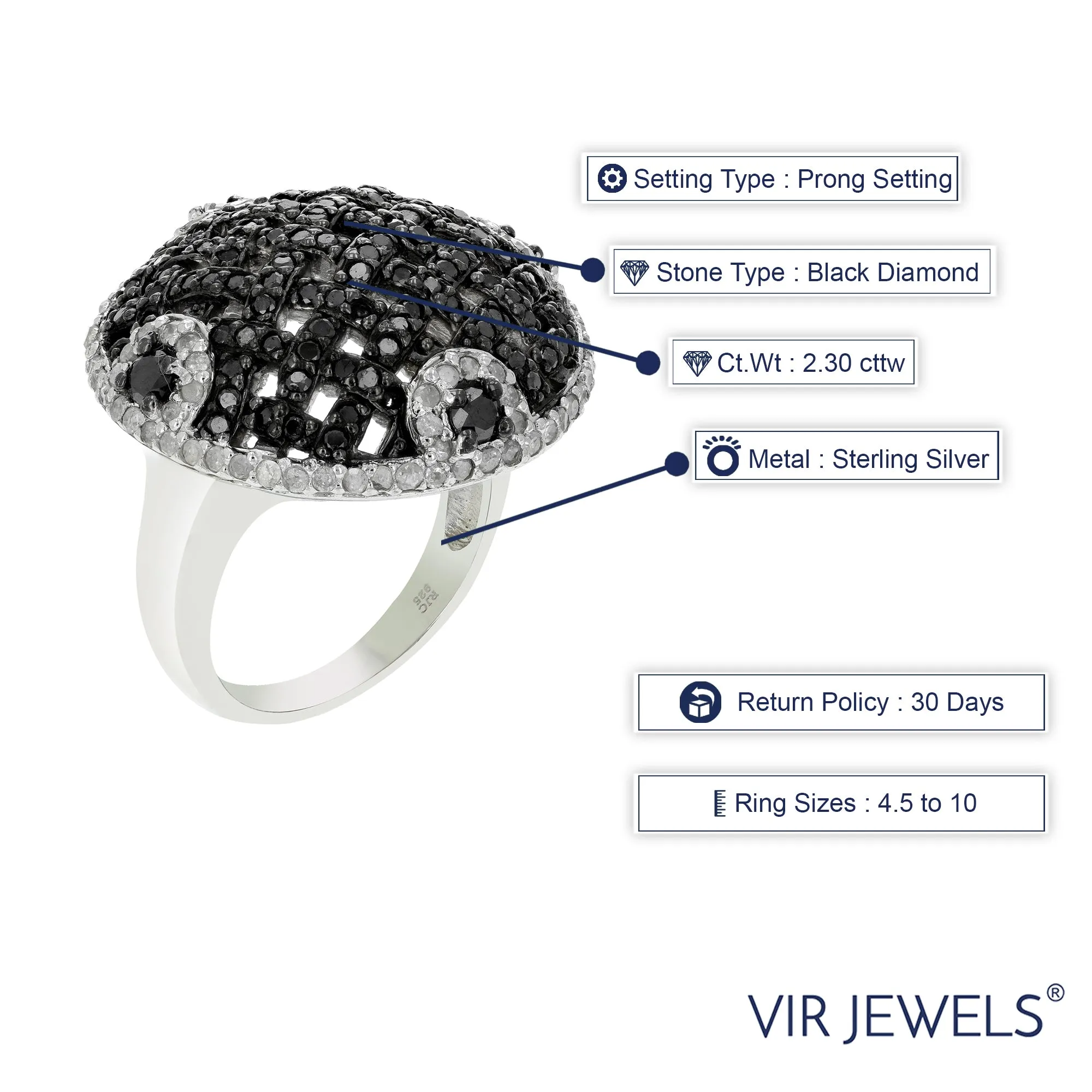 2.30 cttw Black Diamond Dome Statement Ring in Sterling Silver