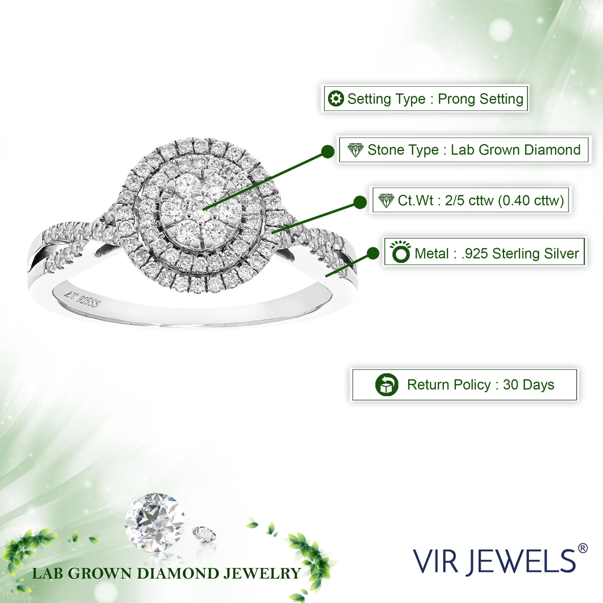 2/5 cttw Lab Grown Diamond Engagement Halo Ring Sterling Silver