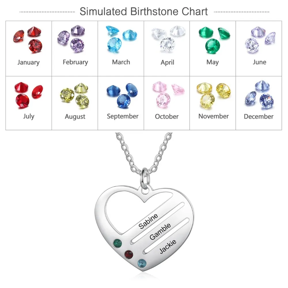 3 Names And 3 Stones Personalized Engraved Names Heart-Shaped Necklace