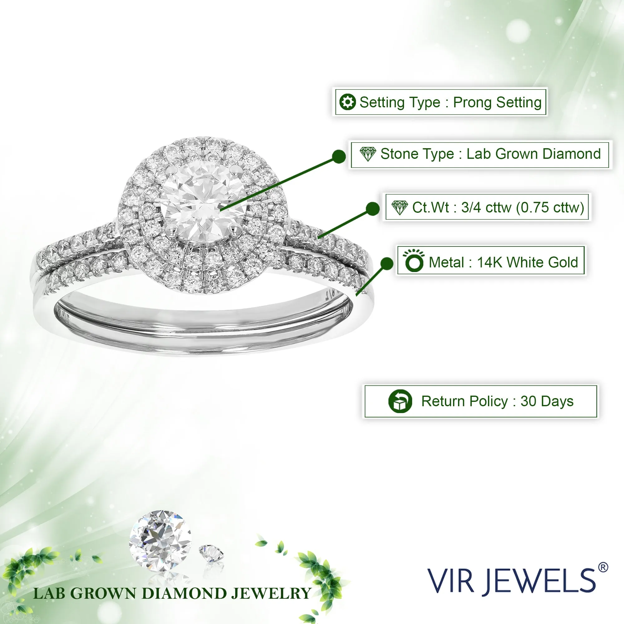 3/4 cttw Lab Grown Diamond Bridal Ring Set in 14K White Gold