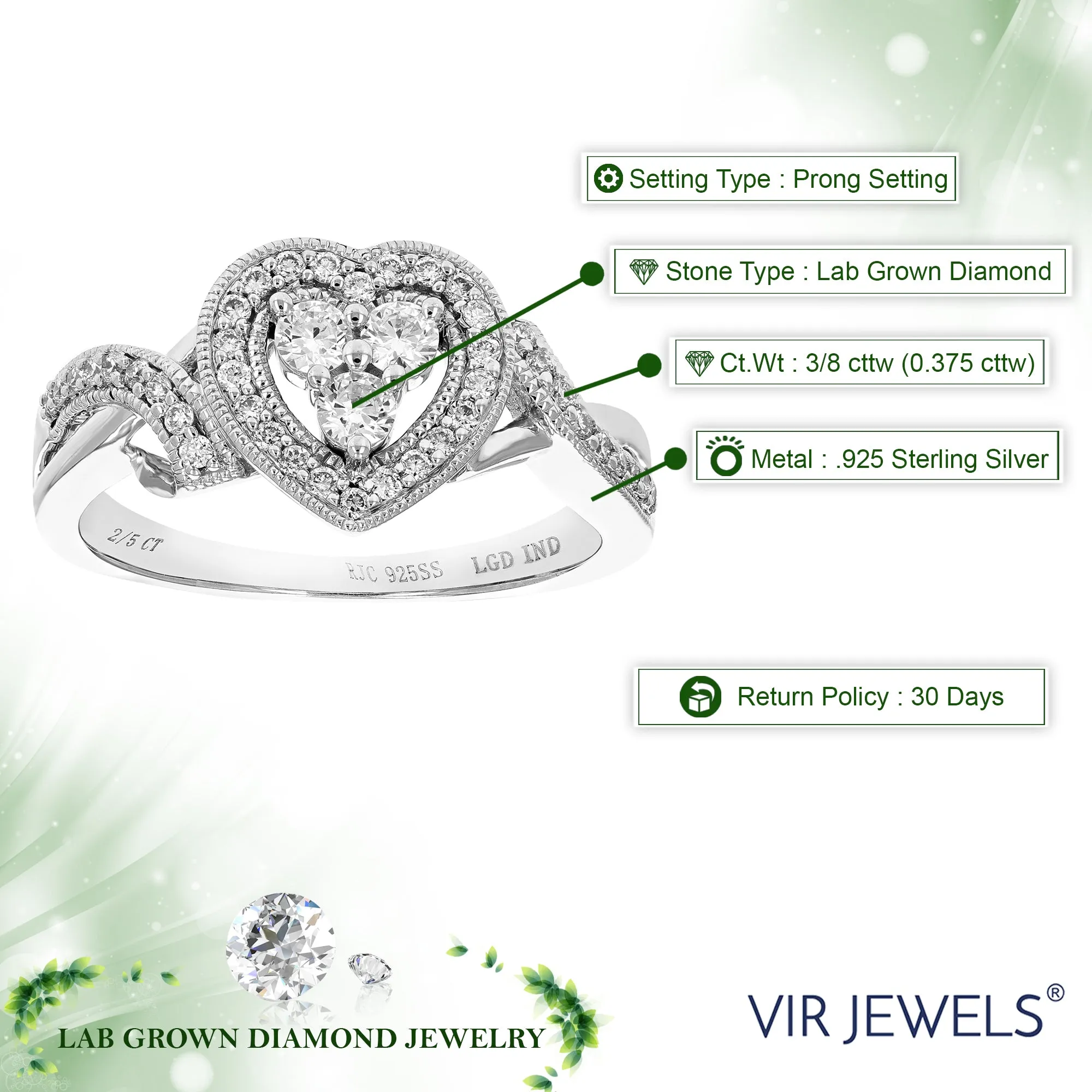 3/8 cttw Lab Grown Diamond Heart Engagement Rings Sterling Silver