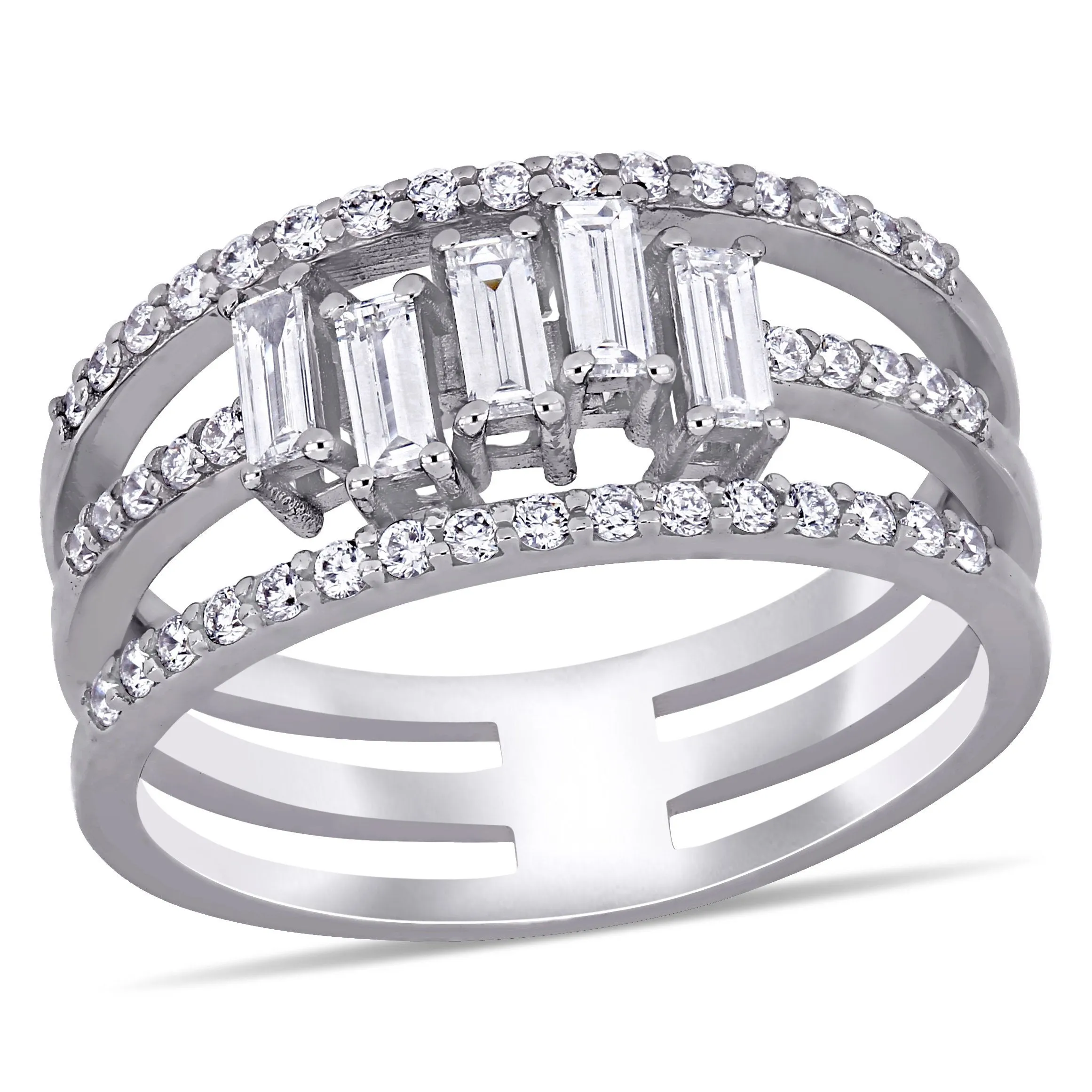 5/8 CT Parallel Baguette and Round Diamonds TW Fashion Ring 14k White Gold GH SI