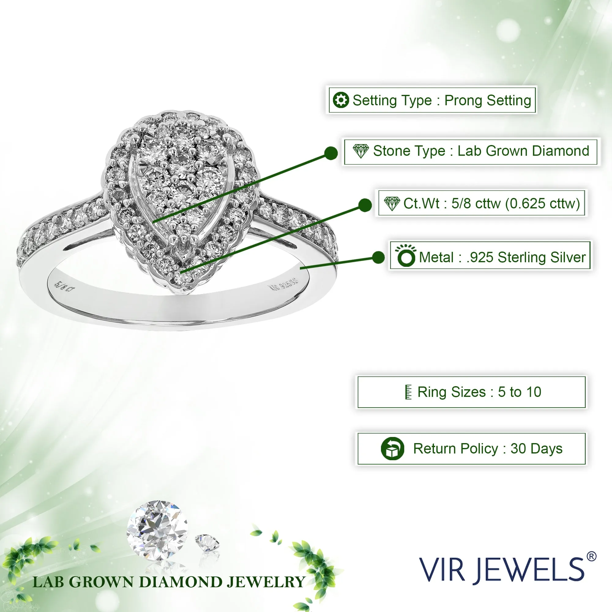 5/8 cttw Lab Grown Diamond Pear Engagement Rings Sterling Silver