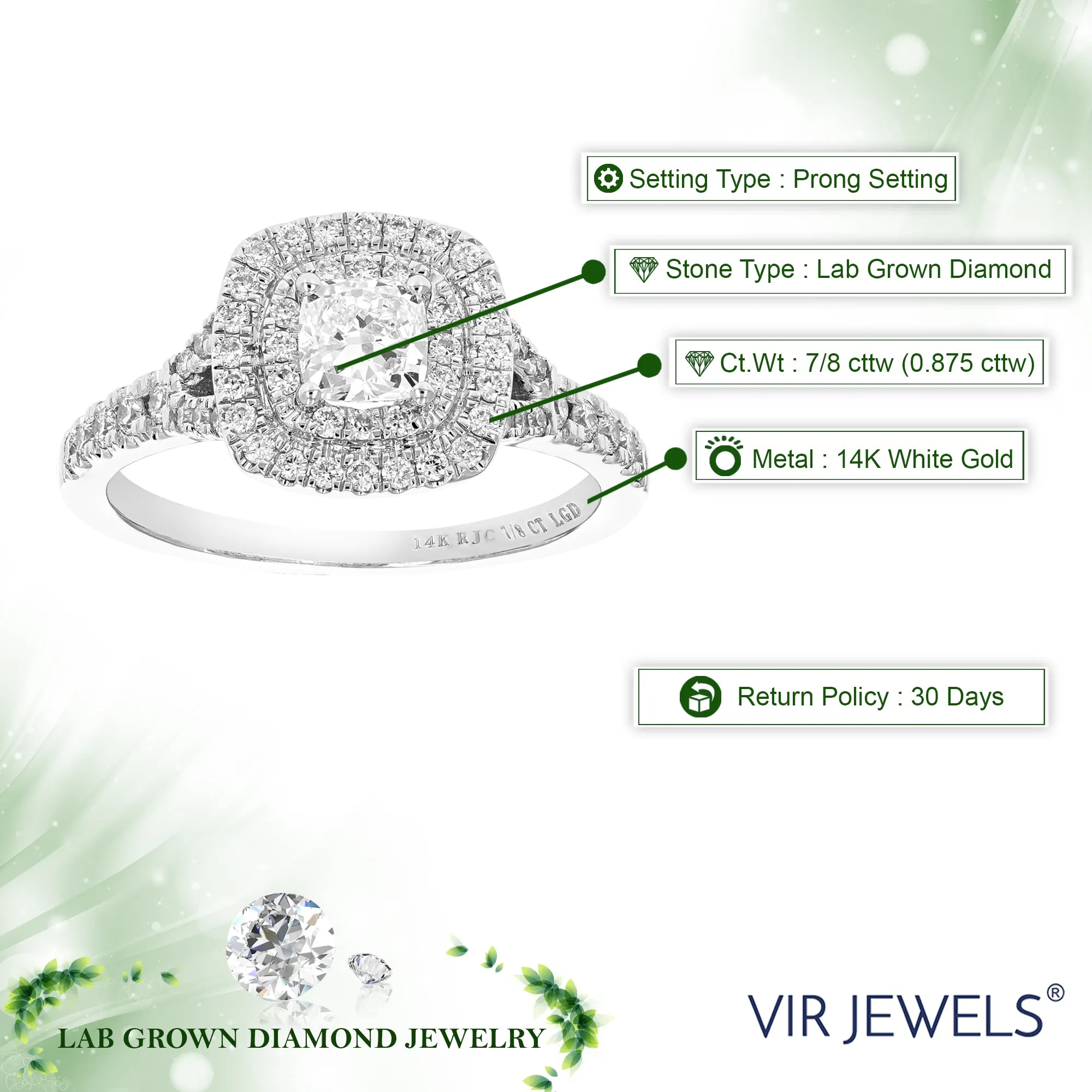 7/8 cttw Lab Grown Cushion Diamond Engagement Ring 14K White Gold