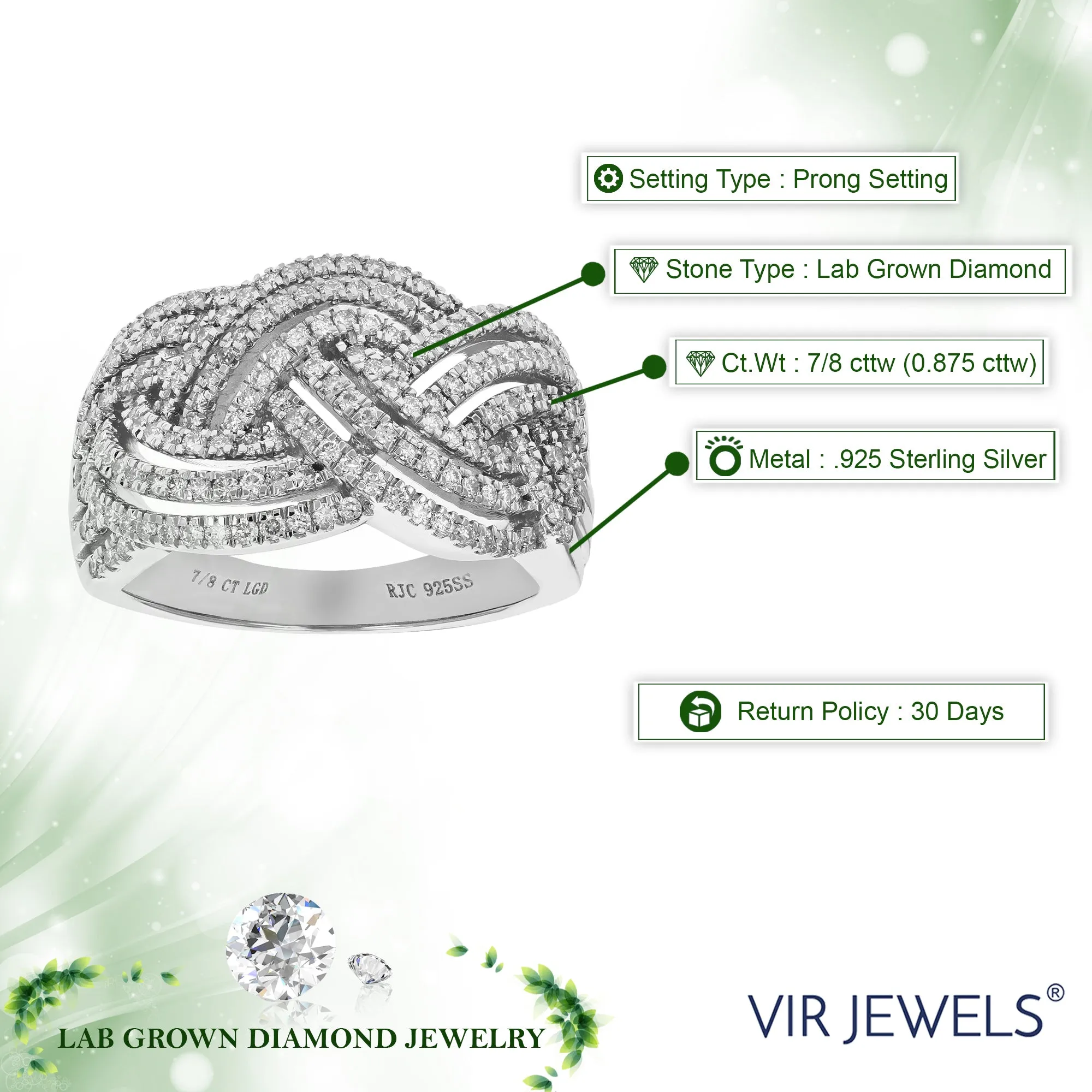 7/8 cttw Lab Grown Diamond Triple Row Wedding Band Sterling Silver