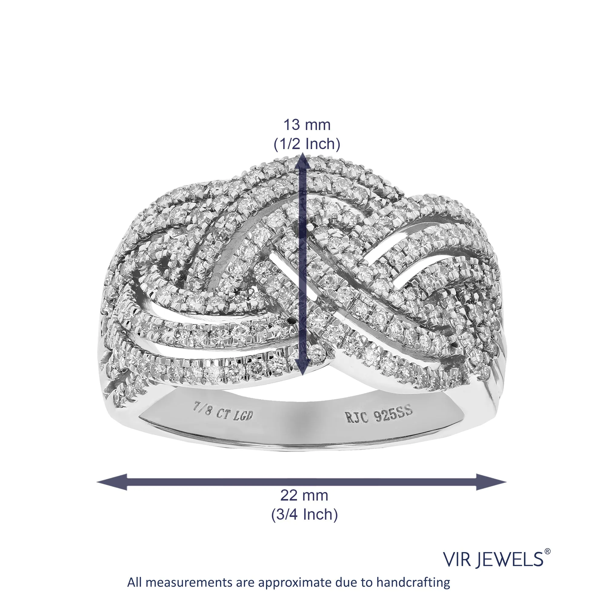 7/8 cttw Lab Grown Diamond Triple Row Wedding Band Sterling Silver