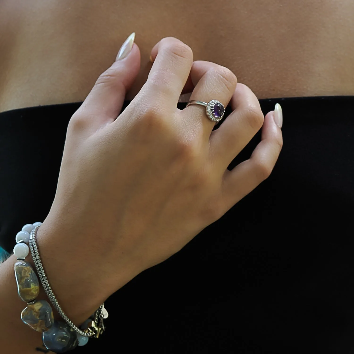 Amethyst Gemstone Silver & Diamond Statement Ring