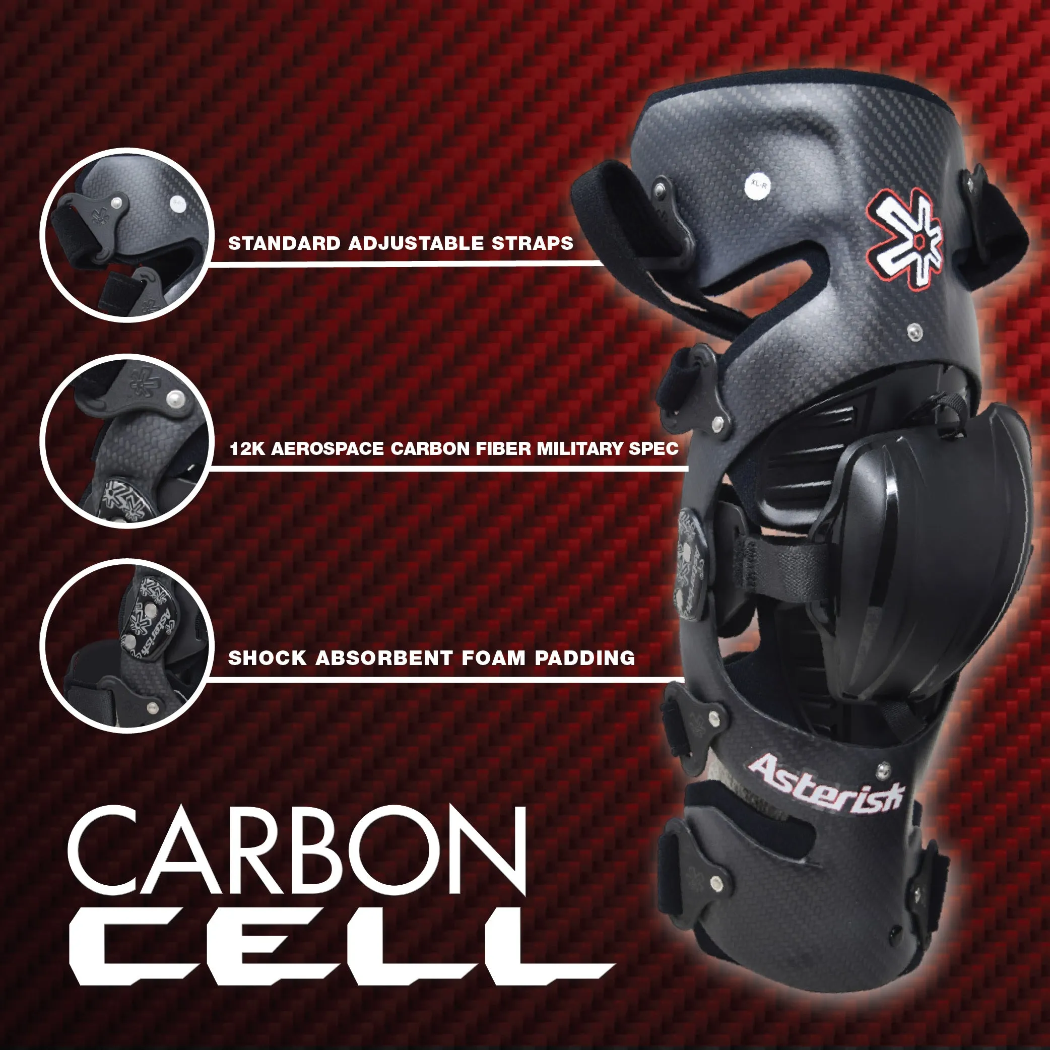 Asterisk Carbon Cell One - Advanced Knee Protector Brace (Right Only) for Motocross, Snowboarding, Wakeboarding, Off-Roading, Football, & More - Size X-Small