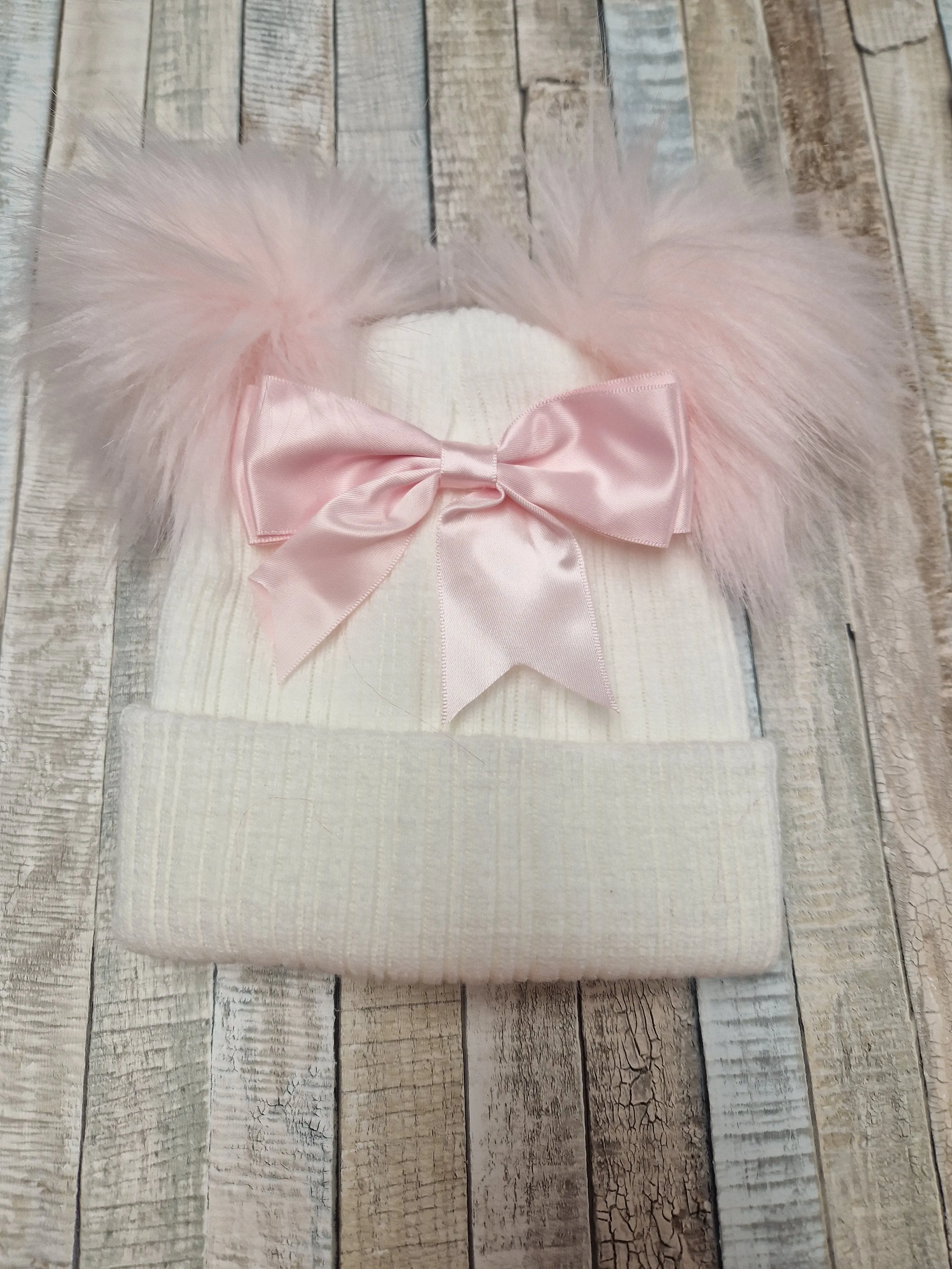 Baby Girls  White And Pink Bow And Fluffy Double Pom Hat
