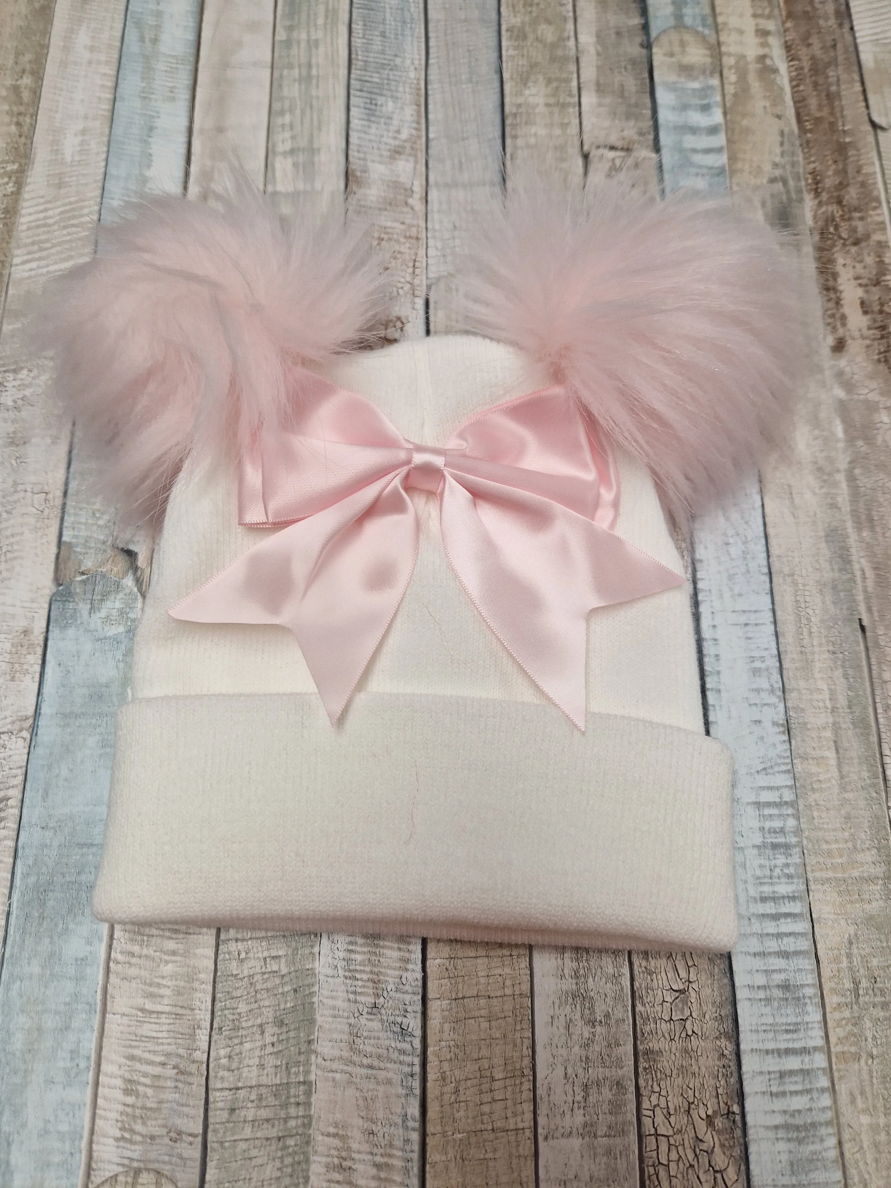 Baby Girls  White And Pink Bow And Fluffy Double Pom Hat