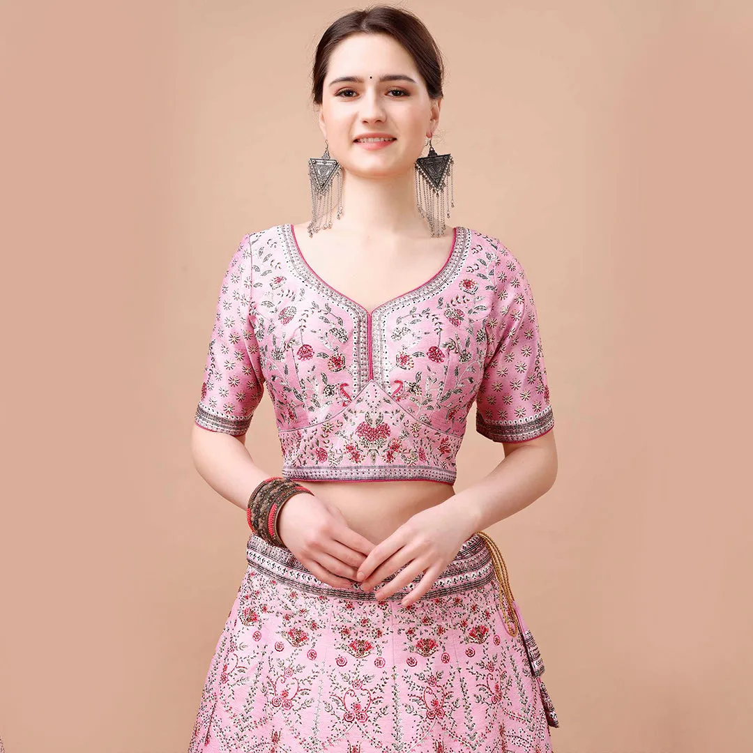 Baby Pink Lehenga Choli Set with Zari Embroidery