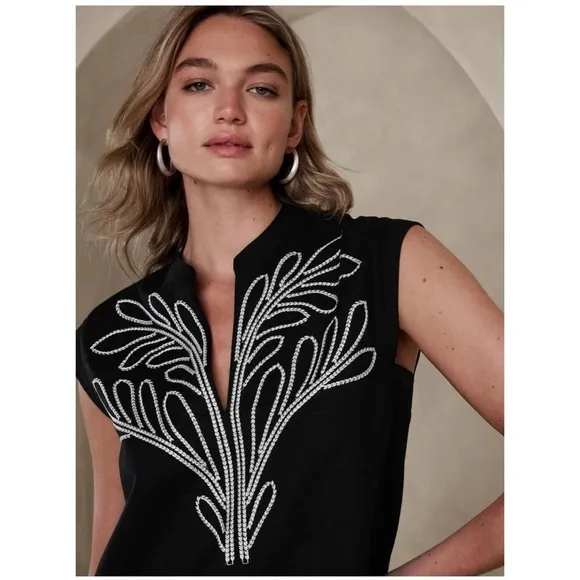 Banana Republic Embroidered Tunic Shift Dress sz: M Black Linen Cotton Blend