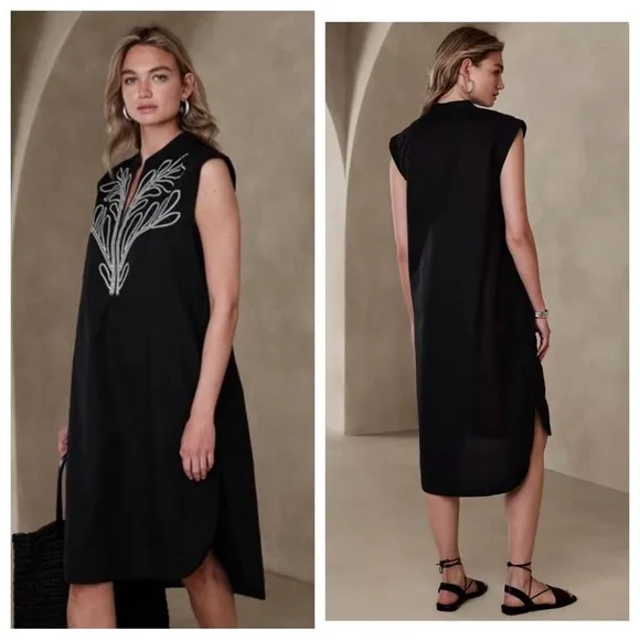 Banana Republic Embroidered Tunic Shift Dress sz: M Black Linen Cotton Blend