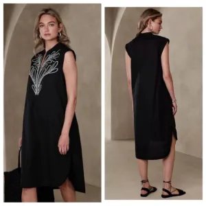 Banana Republic Embroidered Tunic Shift Dress sz: M Black Linen Cotton Blend