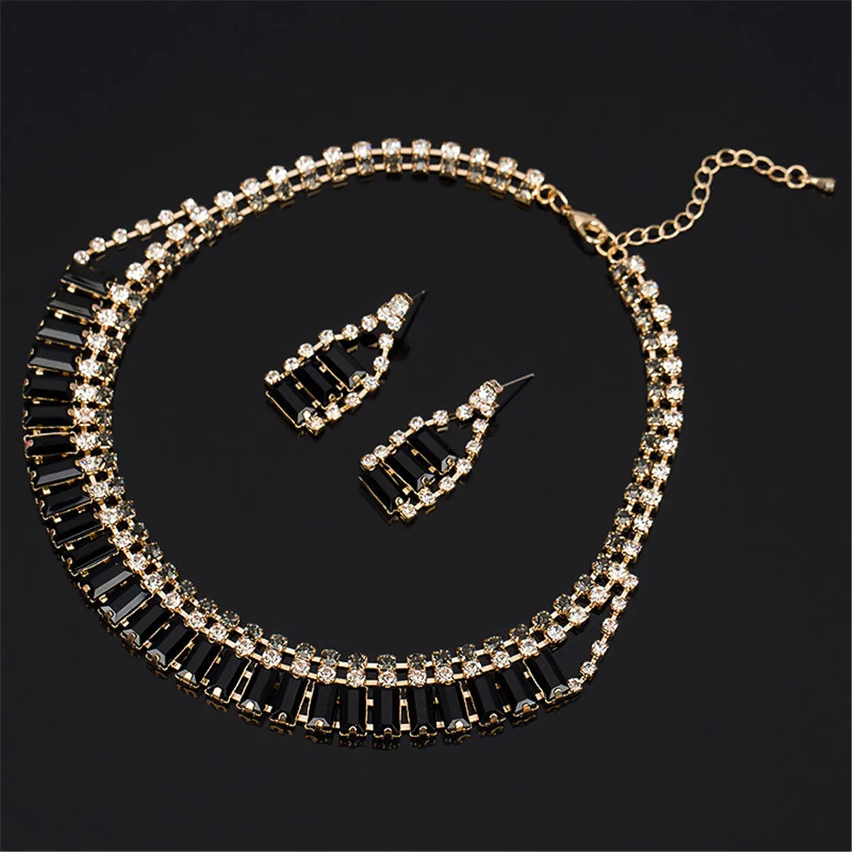 Black Crystal & Cubic Zirconia Drop Earrings & Statement Necklace