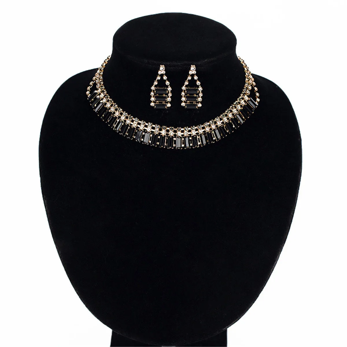 Black Crystal & Cubic Zirconia Drop Earrings & Statement Necklace