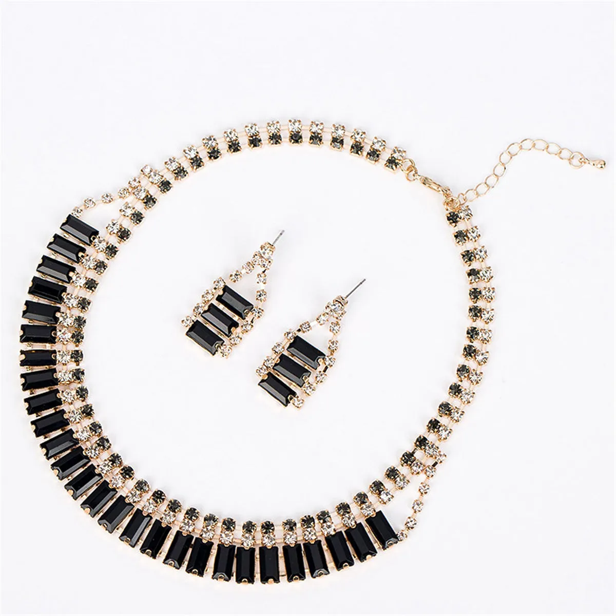 Black Crystal & Cubic Zirconia Drop Earrings & Statement Necklace