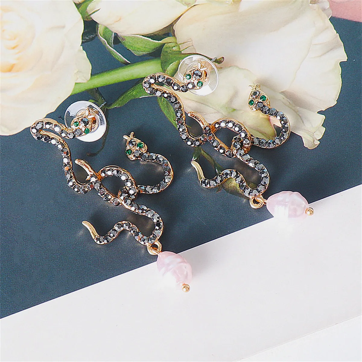 Black Cubic Zirconia & Pearl 18K Gold-Plated Double Snake Drop Earrings