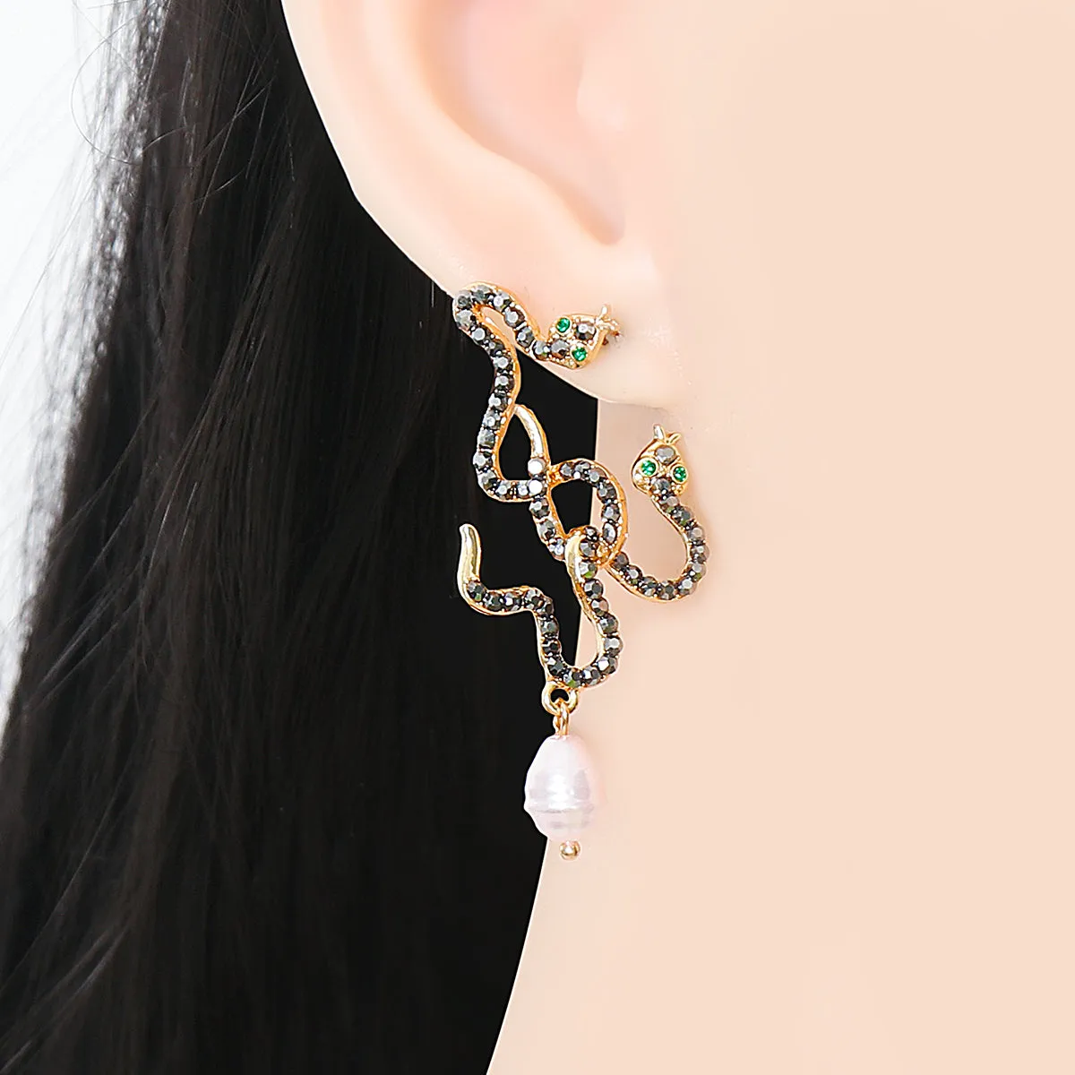 Black Cubic Zirconia & Pearl 18K Gold-Plated Double Snake Drop Earrings