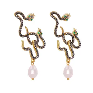 Black Cubic Zirconia & Pearl 18K Gold-Plated Double Snake Drop Earrings