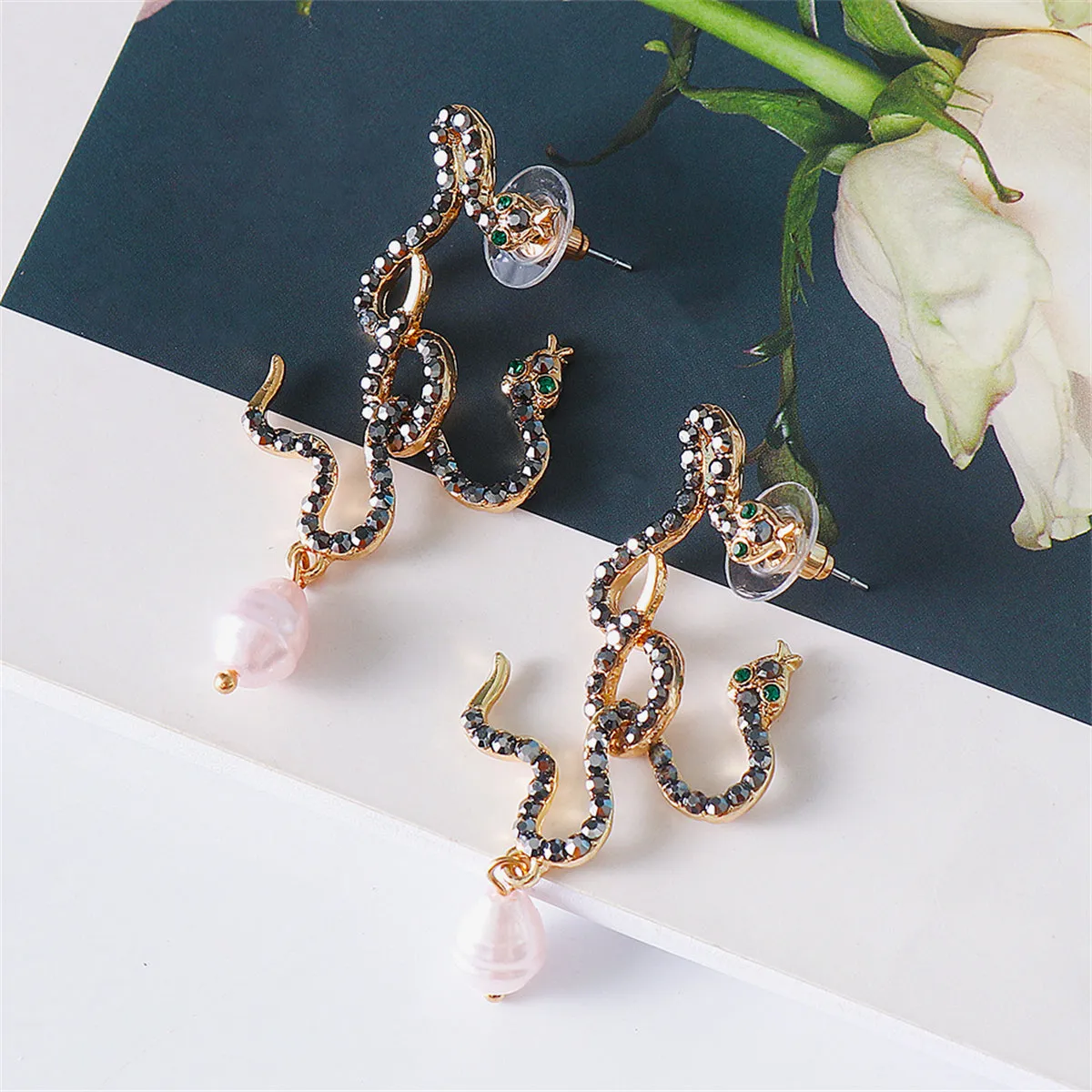 Black Cubic Zirconia & Pearl 18K Gold-Plated Double Snake Drop Earrings