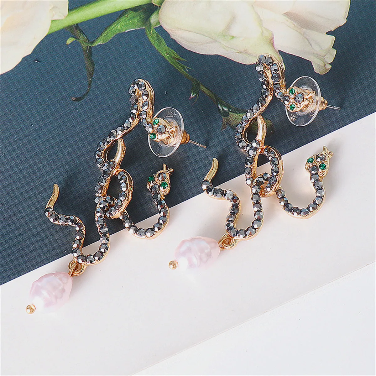 Black Cubic Zirconia & Pearl 18K Gold-Plated Double Snake Drop Earrings
